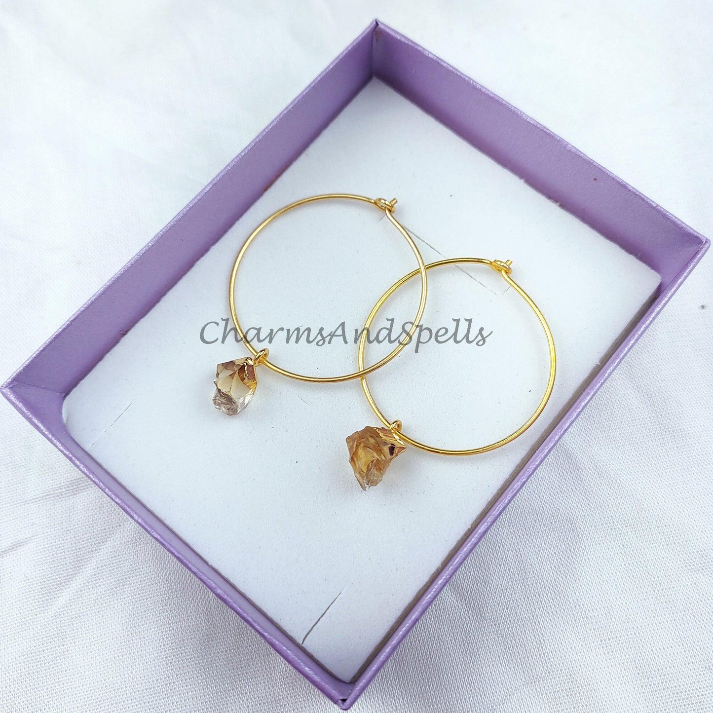 Raw Citrine Earrings, Gold Electroplated Statement Earring, Crystal Loop Earrings, Citrine Dangle Earrings, Gift For Her - Charms And Spells