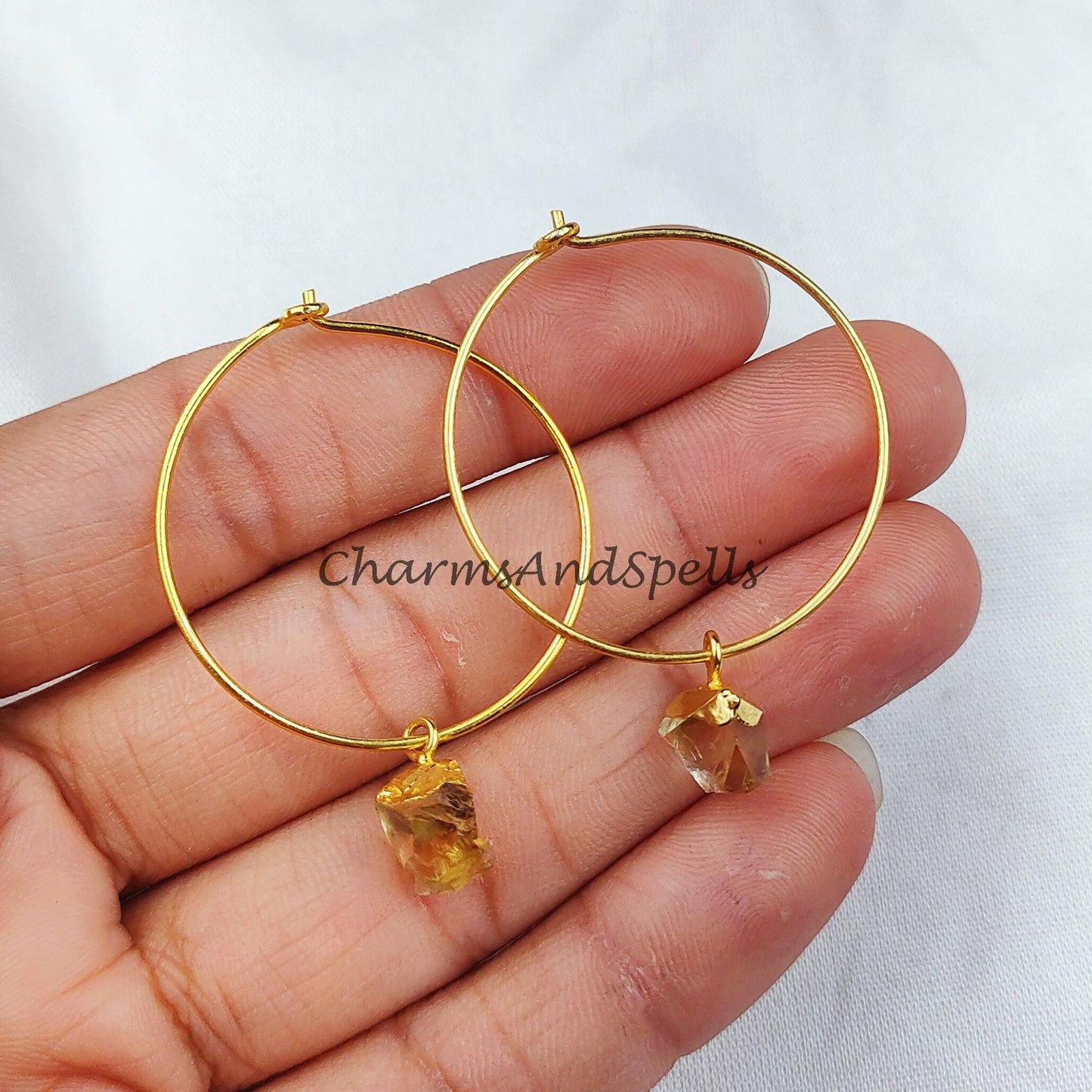 Raw Citrine Earrings, Gold Electroplated Statement Earring, Crystal Loop Earrings, Citrine Dangle Earrings, Gift For Her - Charms And Spells