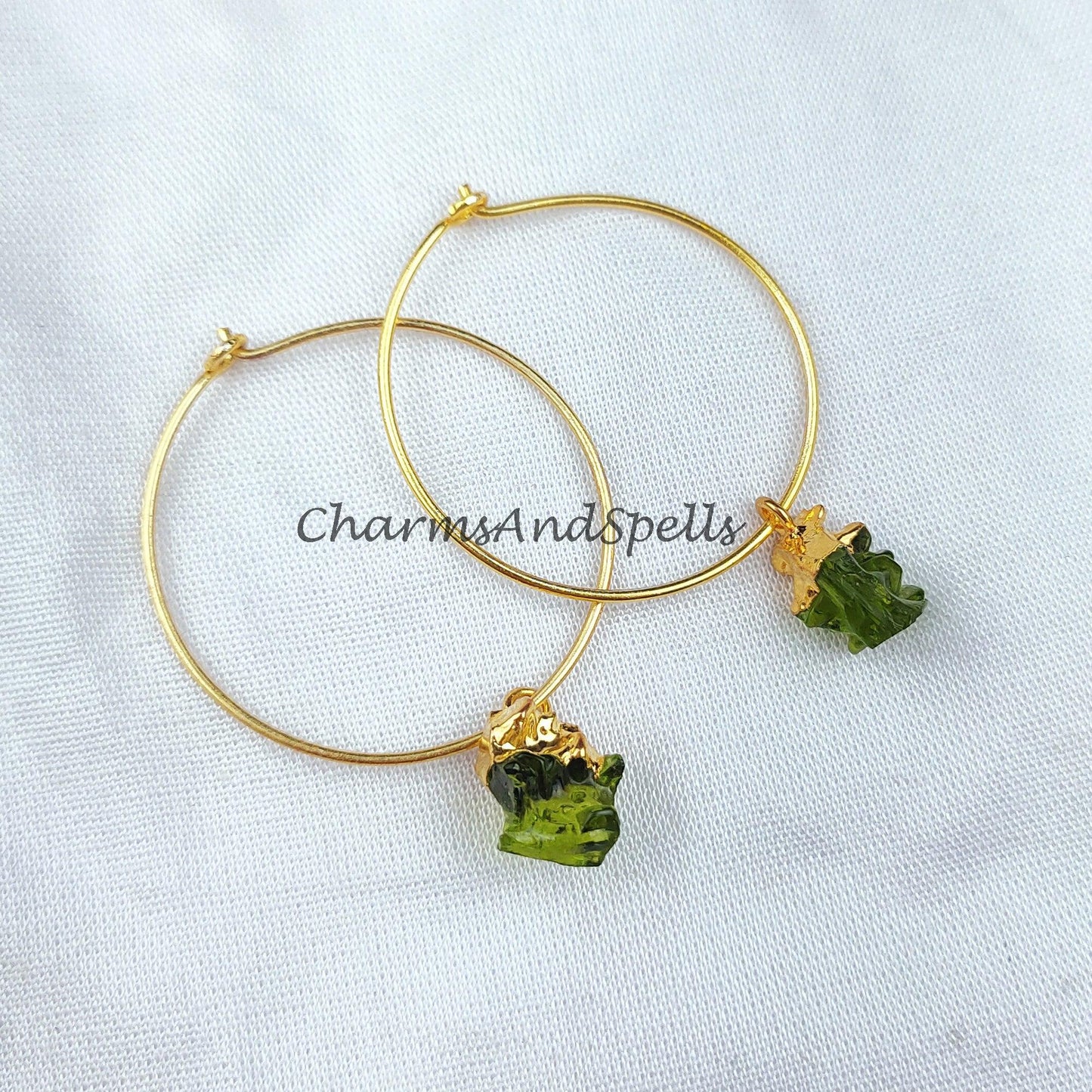 Moldavite earrings, electroplated moldavite charm earrings, gold plated earrings, gift for her, anniversary gift - Charms And Spells