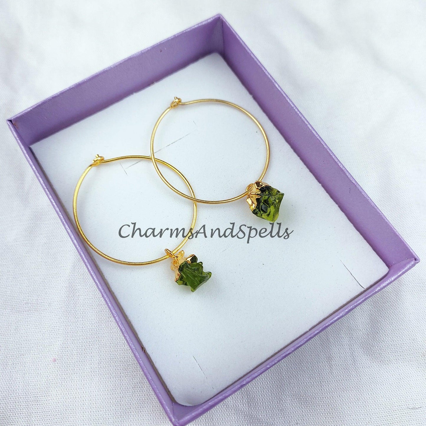 Moldavite earrings, electroplated moldavite charm earrings, gold plated earrings, gift for her, anniversary gift - Charms And Spells