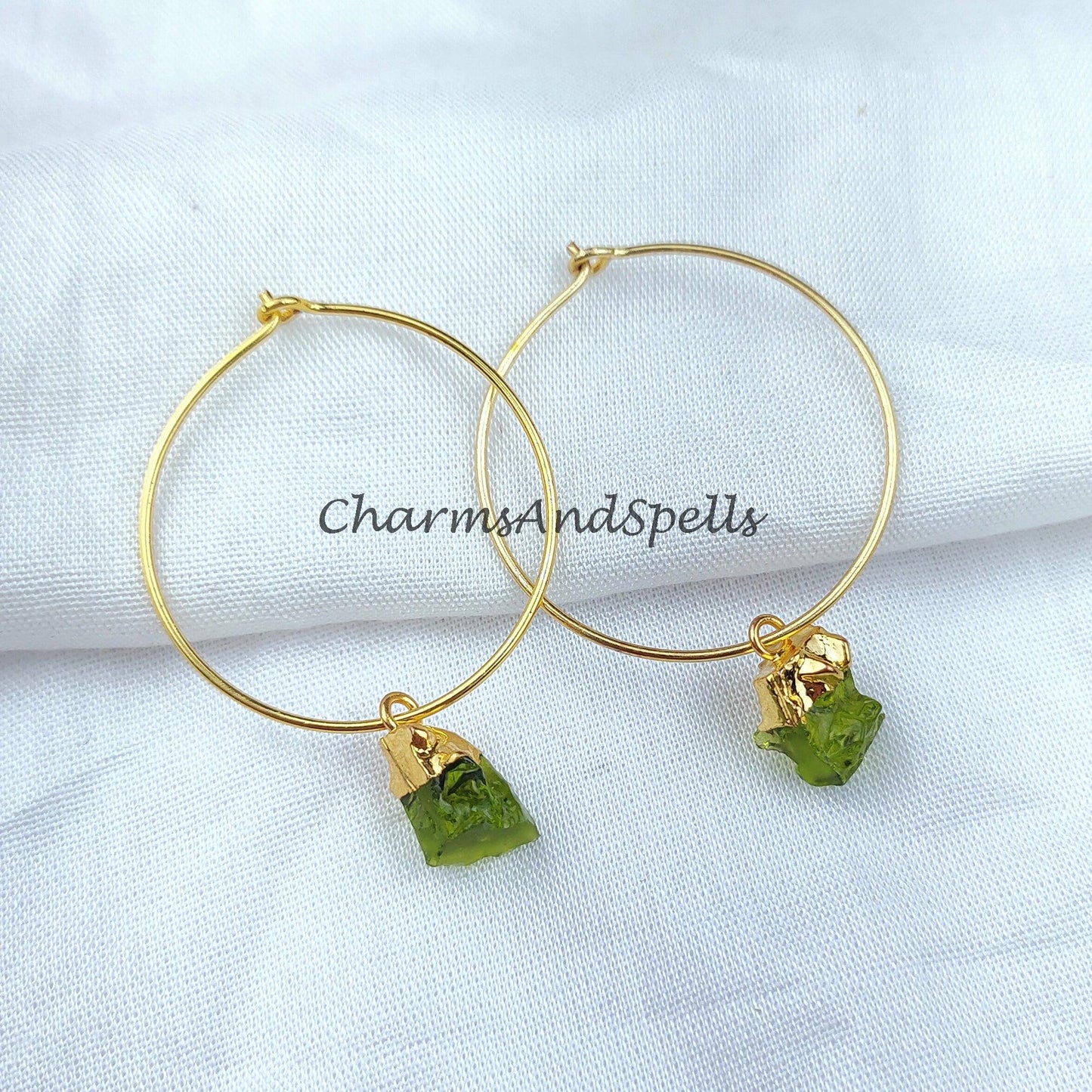 Moldavite earrings, electroplated moldavite charm earrings, gold plated earrings, gift for her, anniversary gift - Charms And Spells