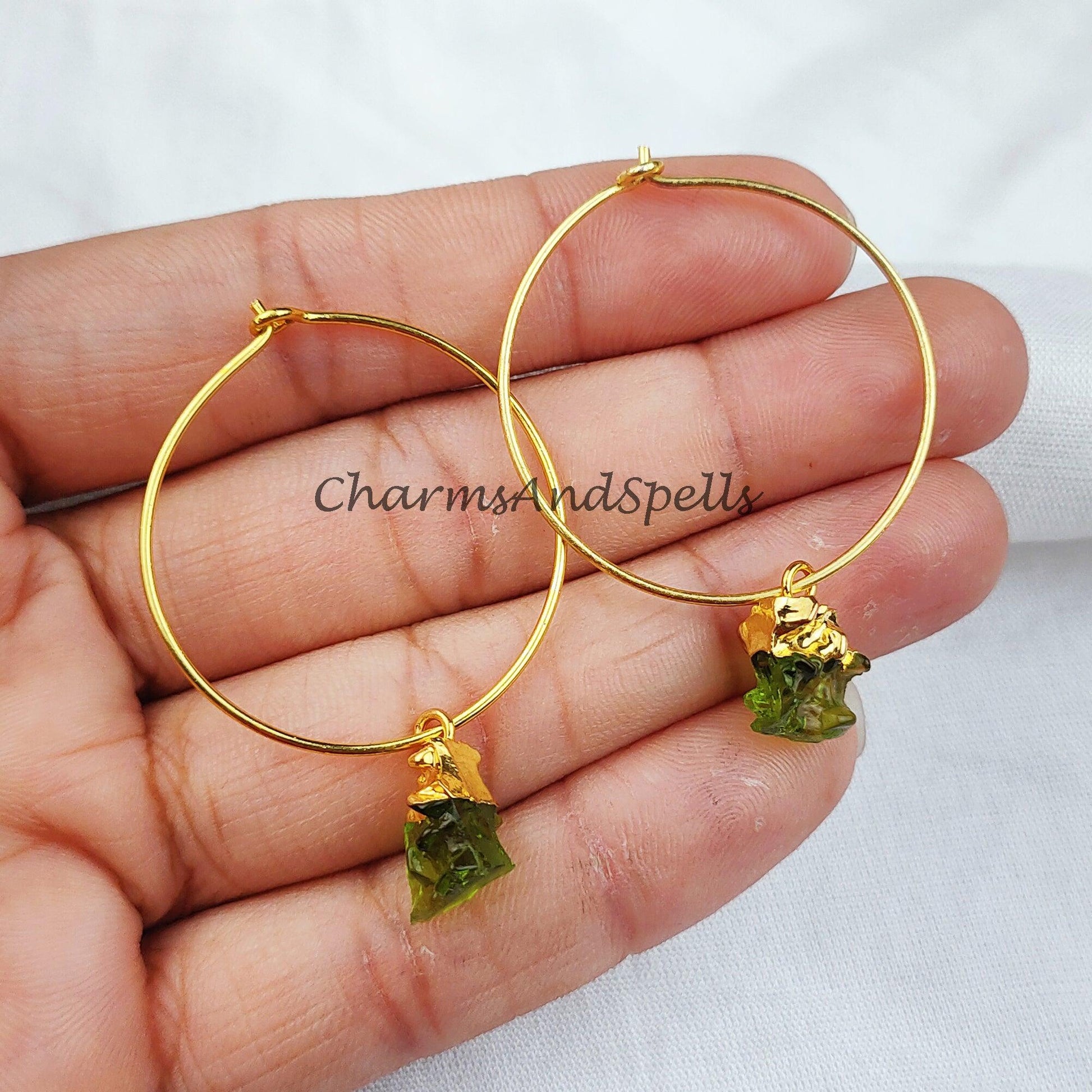 Moldavite earrings, electroplated moldavite charm earrings, gold plated earrings, gift for her, anniversary gift - Charms And Spells