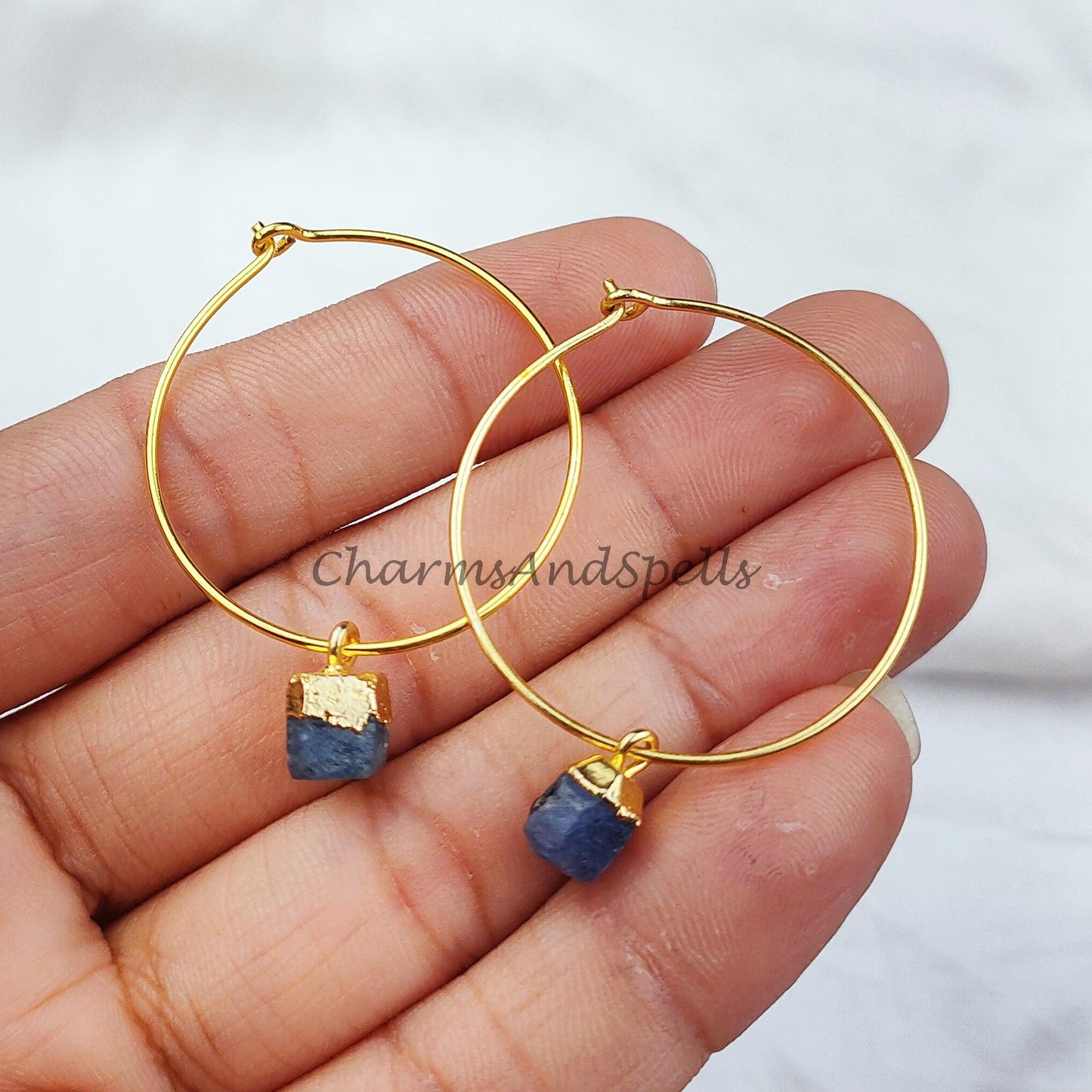 Rough Sapphire Earrings, Sapphire Drop Earrings, Electroplated Natural Sapphire Earrings, September Birthday, Birthstone Earrings - Charms And Spells