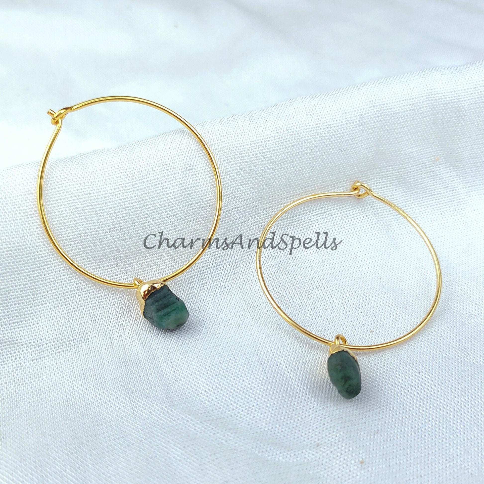 Raw Emerald Earrings, May Birthstone Earrings, Electroplated Jewelry Trends, Green Stone Earrings Dangle, Semi Precious - Charms And Spells