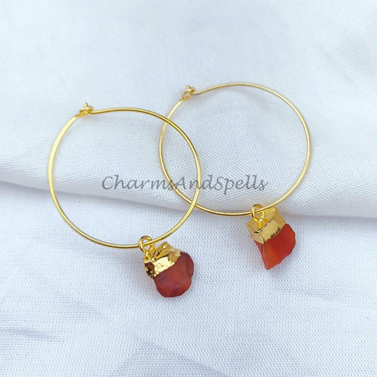 Raw Carnelian Gemstone Earrings, Gold Electroplated Crystal Earrings, Birthstone Earring Gift, Natural Rough Carnelian - Charms And Spells