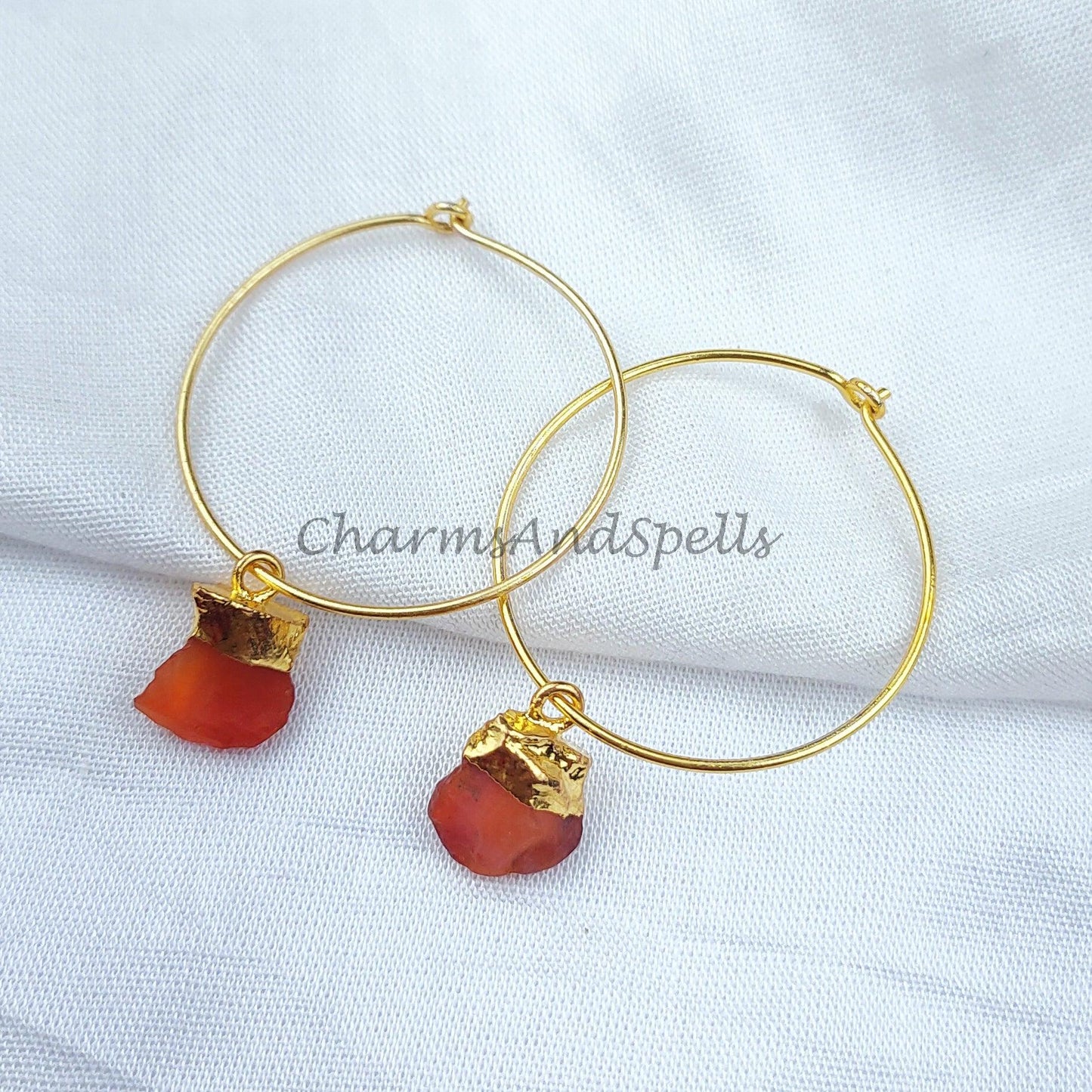 Raw Carnelian Gemstone Earrings, Gold Electroplated Crystal Earrings, Birthstone Earring Gift, Natural Rough Carnelian - Charms And Spells