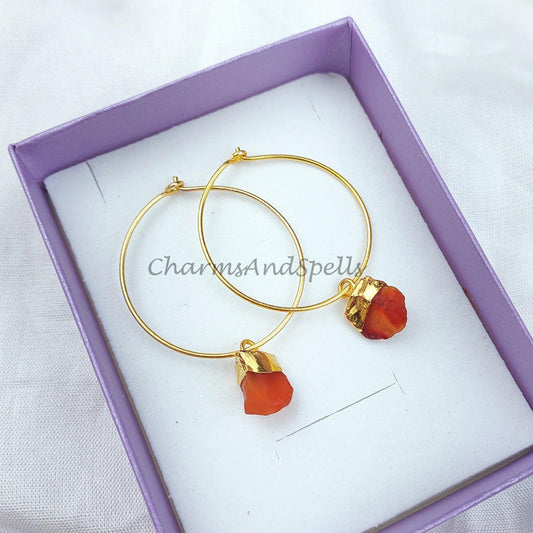 Raw Carnelian Gemstone Earrings, Gold Electroplated Crystal Earrings, Birthstone Earring Gift, Natural Rough Carnelian - Charms And Spells