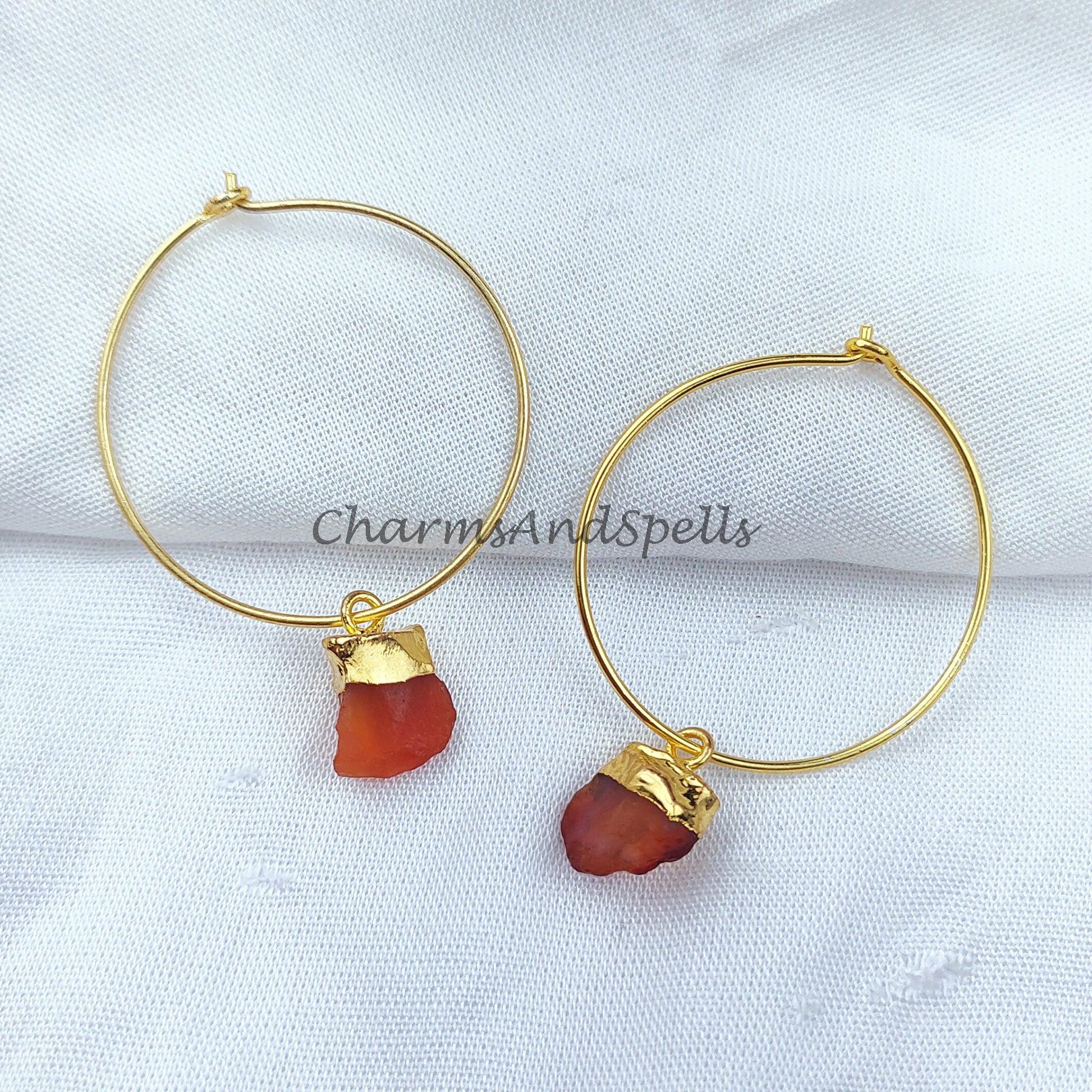 Raw Carnelian Gemstone Earrings, Gold Electroplated Crystal Earrings, Birthstone Earring Gift, Natural Rough Carnelian - Charms And Spells