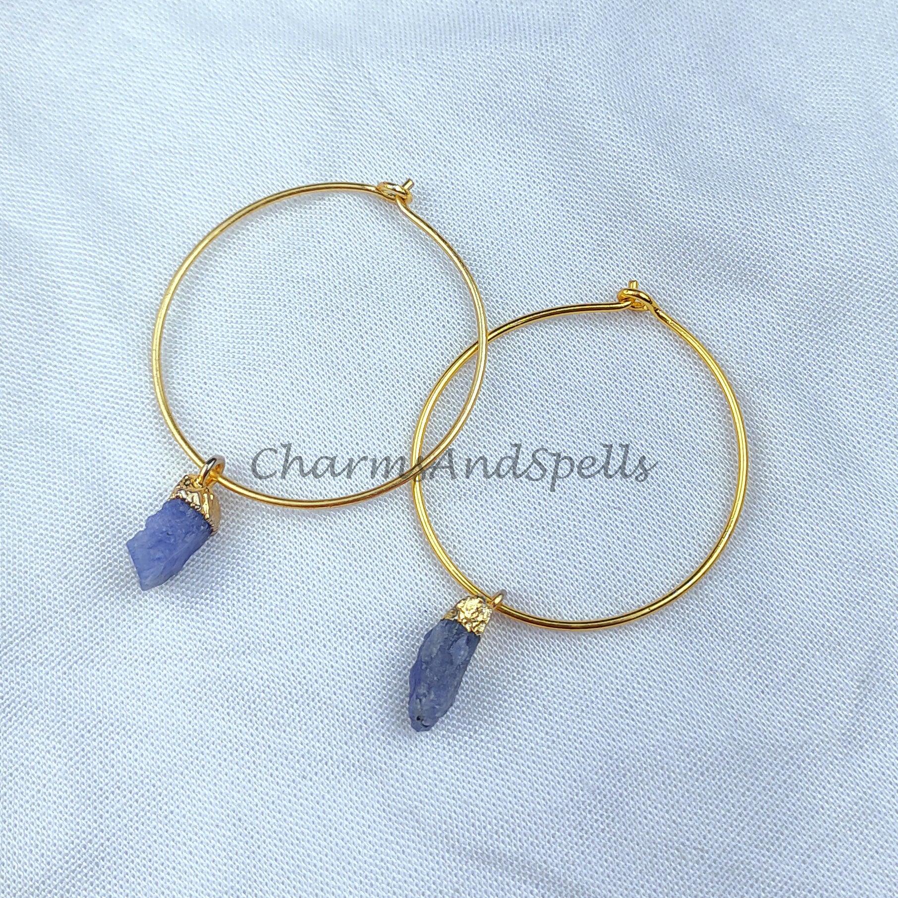 Raw Tanzanite Earrings, Raw Gemstone Earrings, Raw Stone Earrings, Raw Crystal Earrings, Electroplated Minimalist Earrings - Charms And Spells