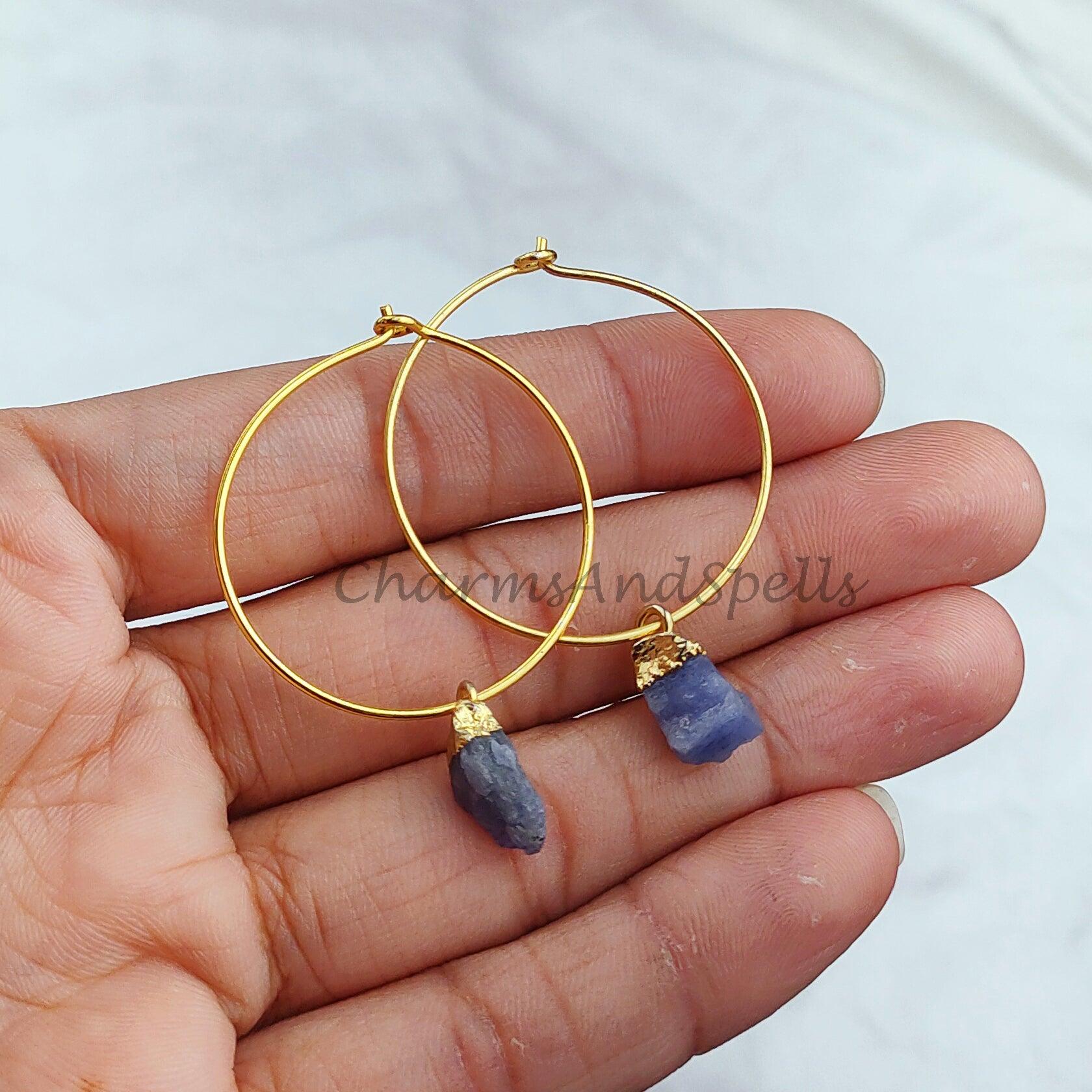 Raw Tanzanite Earrings, Raw Gemstone Earrings, Raw Stone Earrings, Raw Crystal Earrings, Electroplated Minimalist Earrings - Charms And Spells