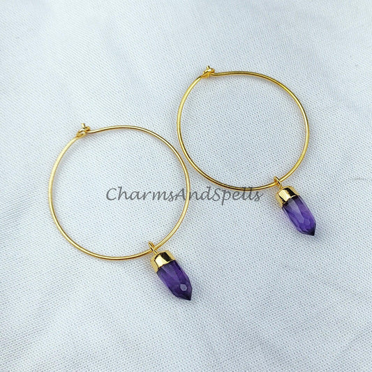 Amethyst Earrings | Pencil Earring | Birthstone Earring | Gold Electroplated Earring | Gemstone Earring | Hoop Earring - Charms And Spells