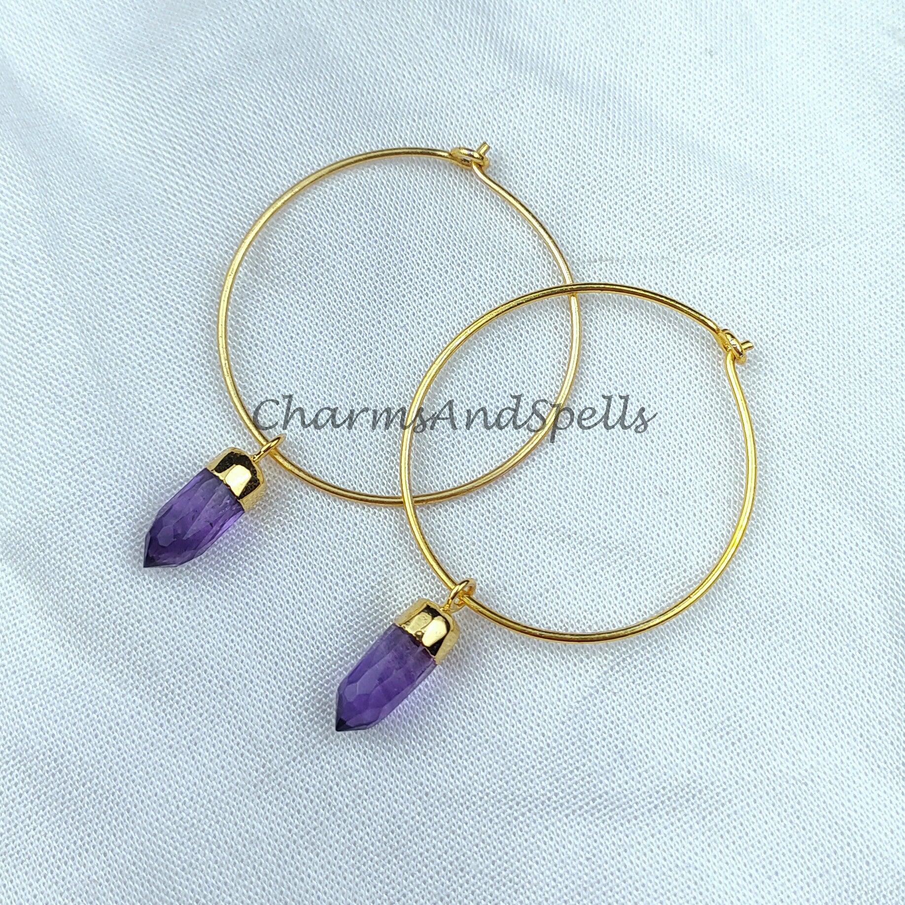 Amethyst Earrings | Pencil Earring | Birthstone Earring | Gold Electroplated Earring | Gemstone Earring | Hoop Earring - Charms And Spells