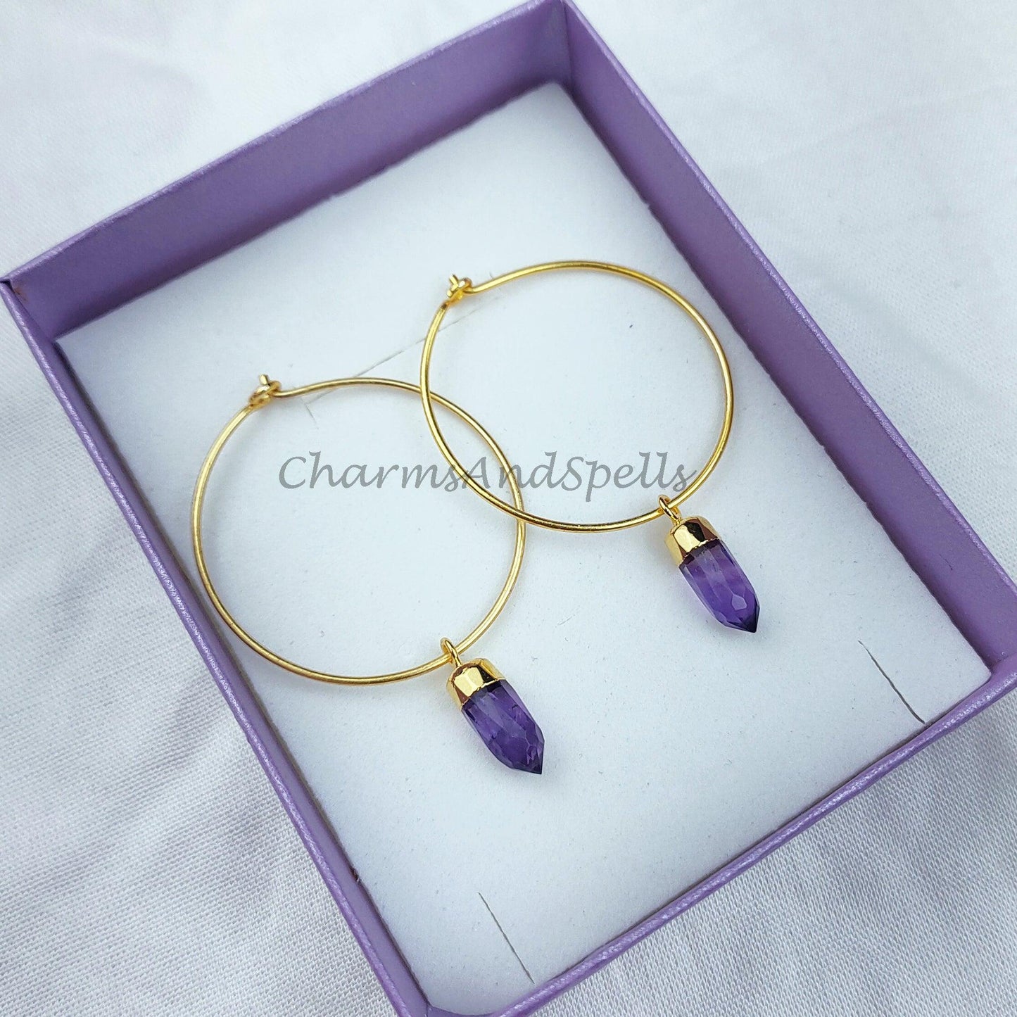 Amethyst Earrings | Pencil Earring | Birthstone Earring | Gold Electroplated Earring | Gemstone Earring | Hoop Earring - Charms And Spells