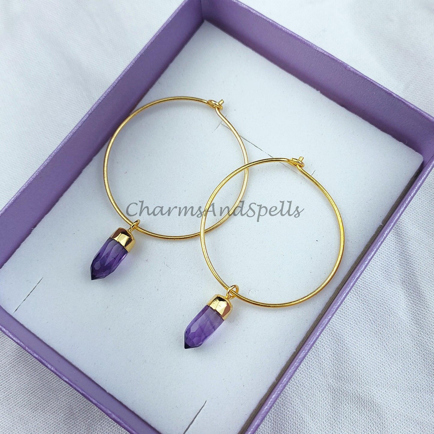 Amethyst Earrings | Pencil Earring | Birthstone Earring | Gold Electroplated Earring | Gemstone Earring | Hoop Earring - Charms And Spells