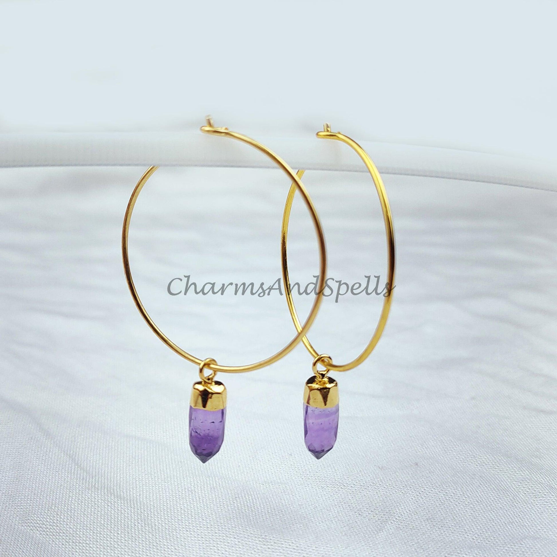 Amethyst Earrings | Pencil Earring | Birthstone Earring | Gold Electroplated Earring | Gemstone Earring | Hoop Earring - Charms And Spells