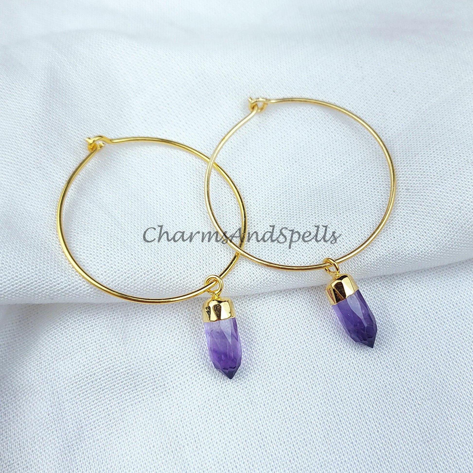 Amethyst Earrings | Pencil Earring | Birthstone Earring | Gold Electroplated Earring | Gemstone Earring | Hoop Earring - Charms And Spells