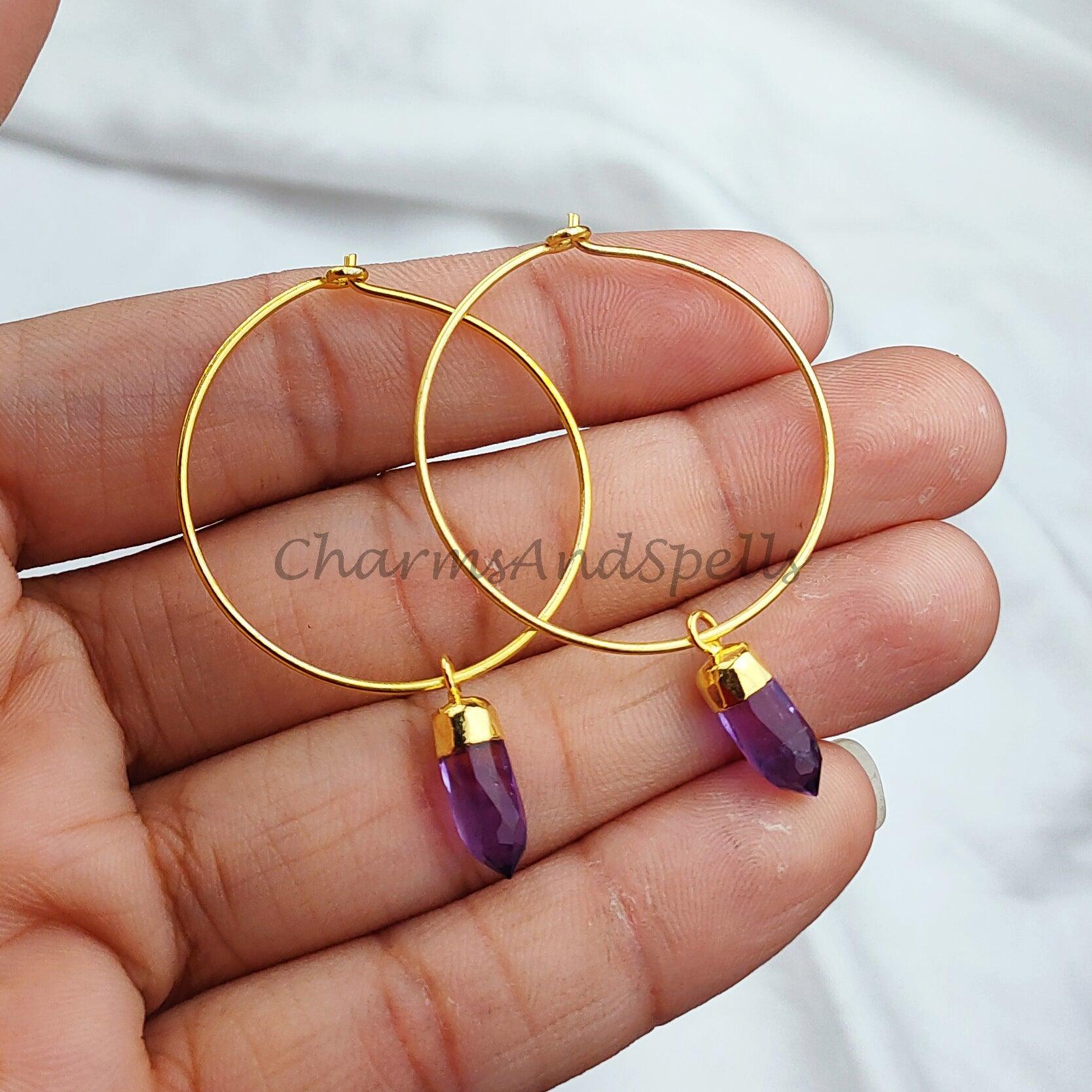 Amethyst Earrings | Pencil Earring | Birthstone Earring | Gold Electroplated Earring | Gemstone Earring | Hoop Earring - Charms And Spells