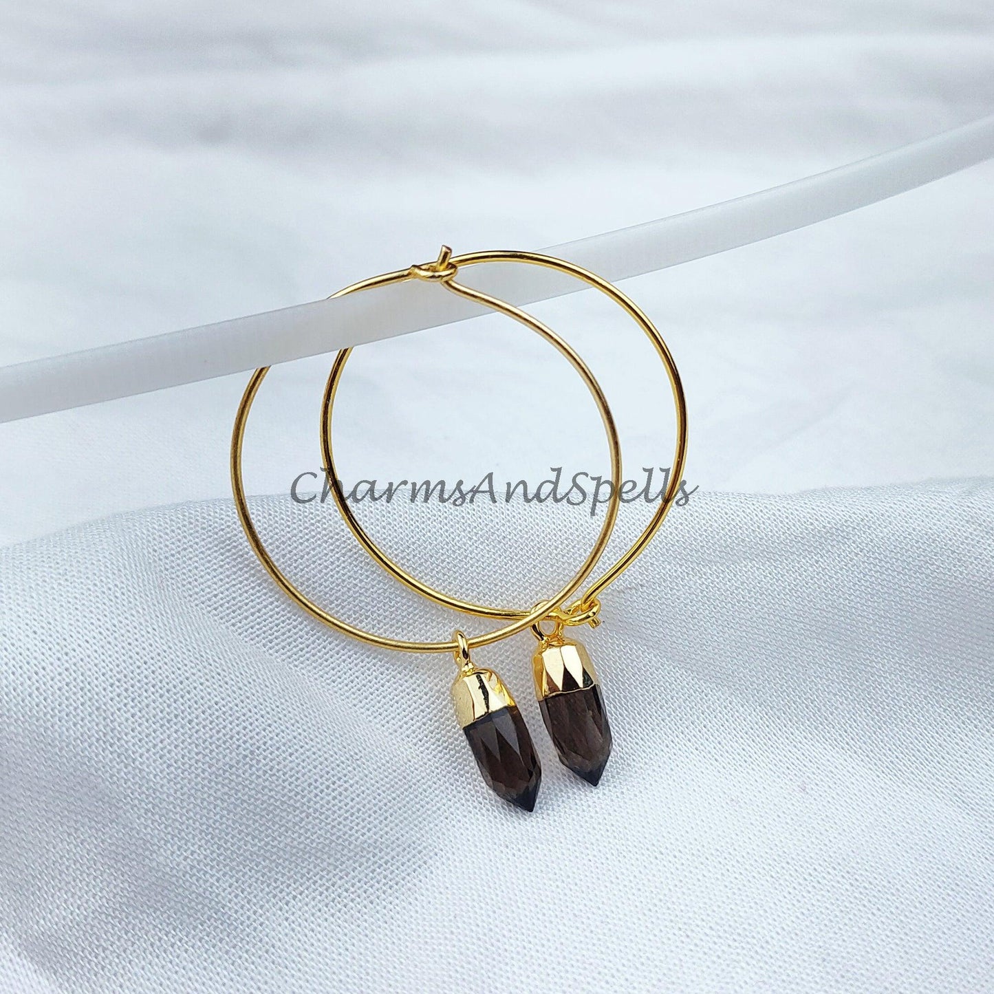 Smoky Quartz Earring | Gold Electroplated Earring | Dangle Earring | Pencil Cut Smoky Quartz Handmade Natural Gemstone Earrings - Charms And Spells