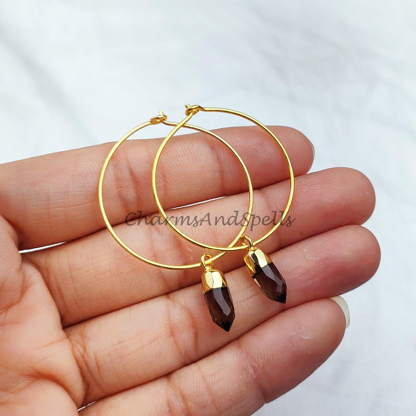 Smoky Quartz Earring | Gold Electroplated Earring | Dangle Earring | Pencil Cut Smoky Quartz Handmade Natural Gemstone Earrings - Charms And Spells