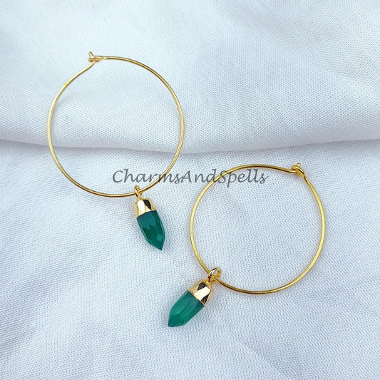 Green Onyx Earrings, Pencil Earring, Hoop Earring, Gold Electroplated Earring, Boho Earring, Women Earring, Green Earrings - Charms And Spells