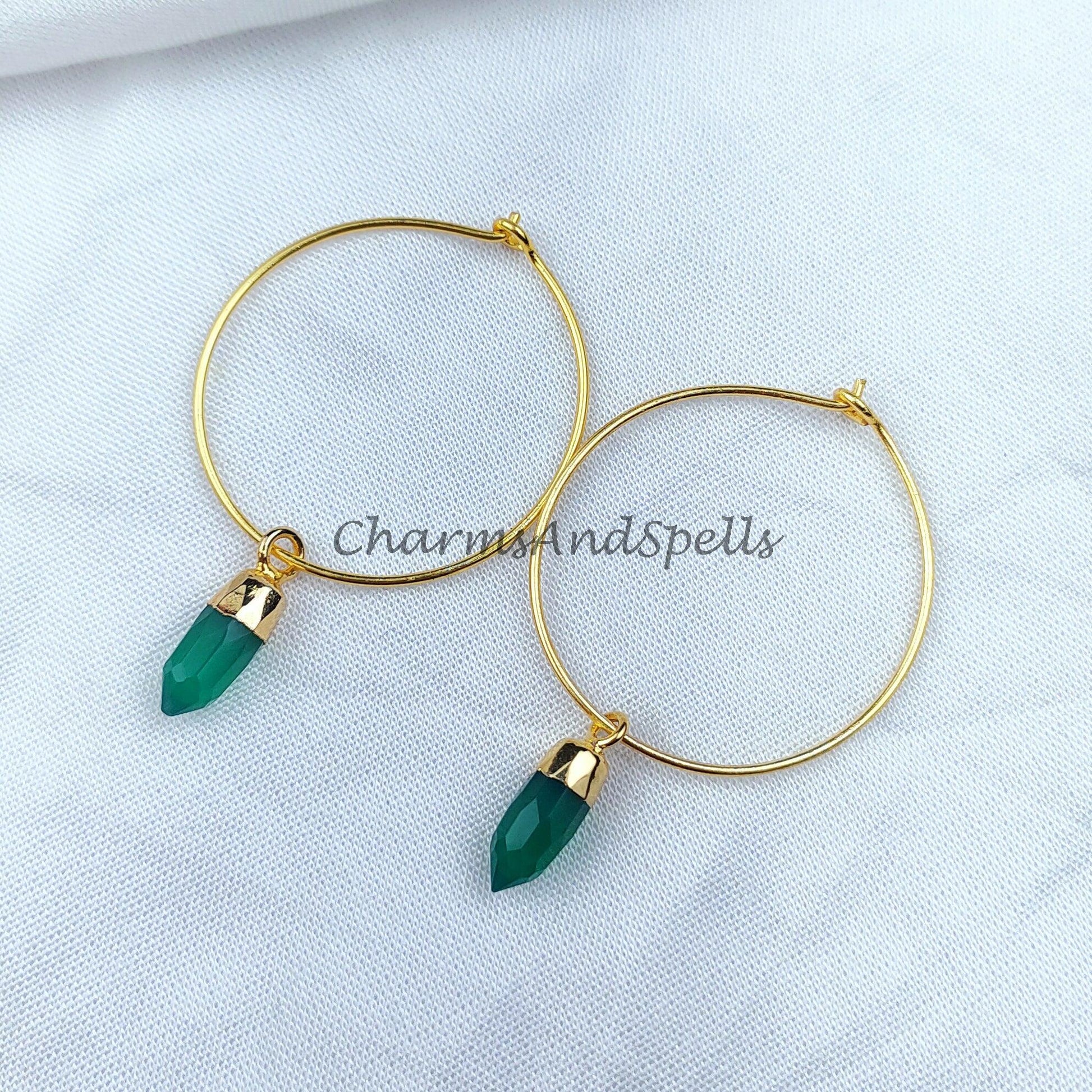 Green Onyx Earrings, Pencil Earring, Hoop Earring, Gold Electroplated Earring, Boho Earring, Women Earring, Green Earrings - Charms And Spells