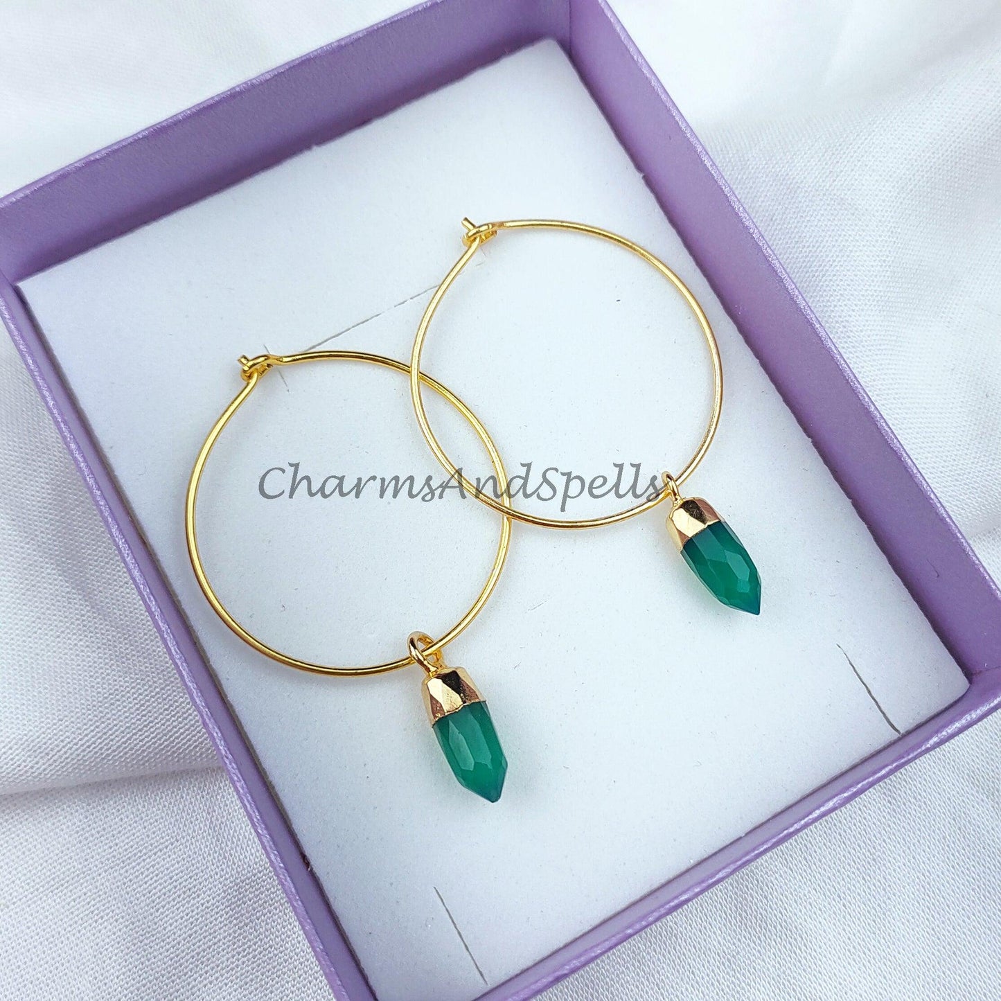 Green Onyx Earrings, Pencil Earring, Hoop Earring, Gold Electroplated Earring, Boho Earring, Women Earring, Green Earrings - Charms And Spells