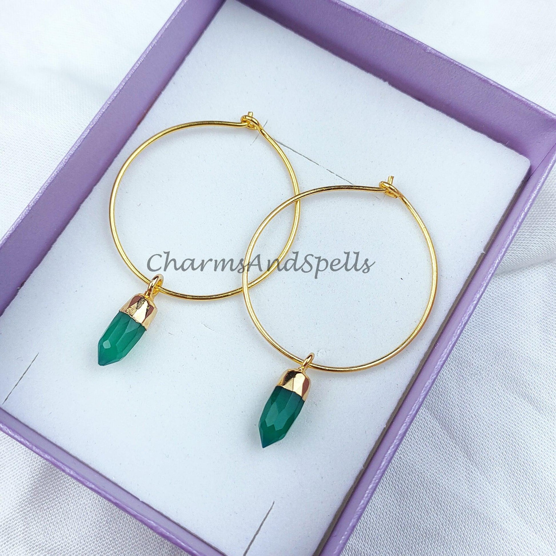 Green Onyx Earrings, Pencil Earring, Hoop Earring, Gold Electroplated Earring, Boho Earring, Women Earring, Green Earrings - Charms And Spells