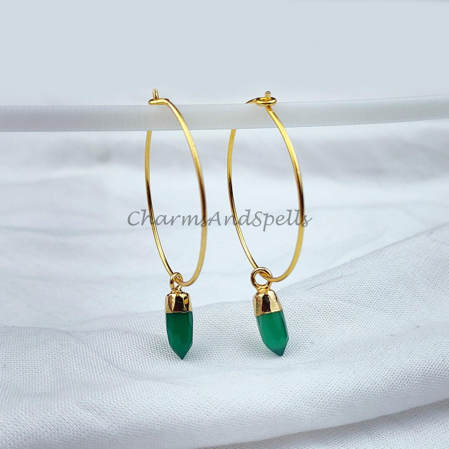 Green Onyx Earrings, Pencil Earring, Hoop Earring, Gold Electroplated Earring, Boho Earring, Women Earring, Green Earrings - Charms And Spells