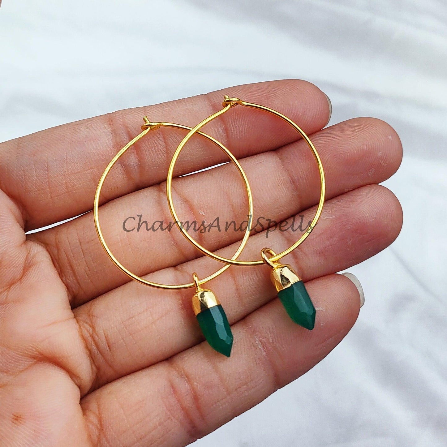 Green Onyx Earrings, Pencil Earring, Hoop Earring, Gold Electroplated Earring, Boho Earring, Women Earring, Green Earrings - Charms And Spells