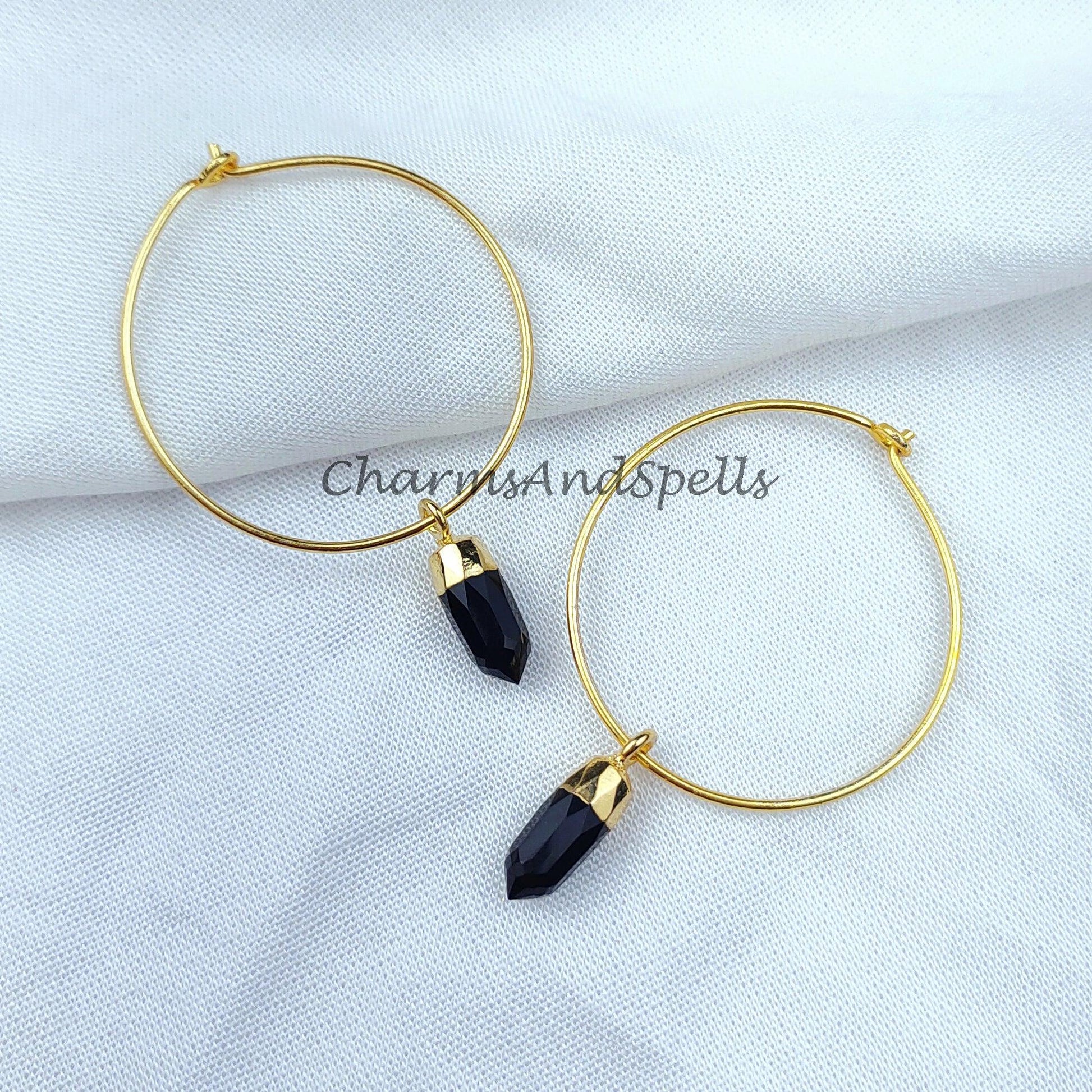 Black Onyx Earrings | Pencil Earring | Hoop Earring | Gold Electroplated Earring | Gemstone Earring | Brass Earring - Charms And Spells