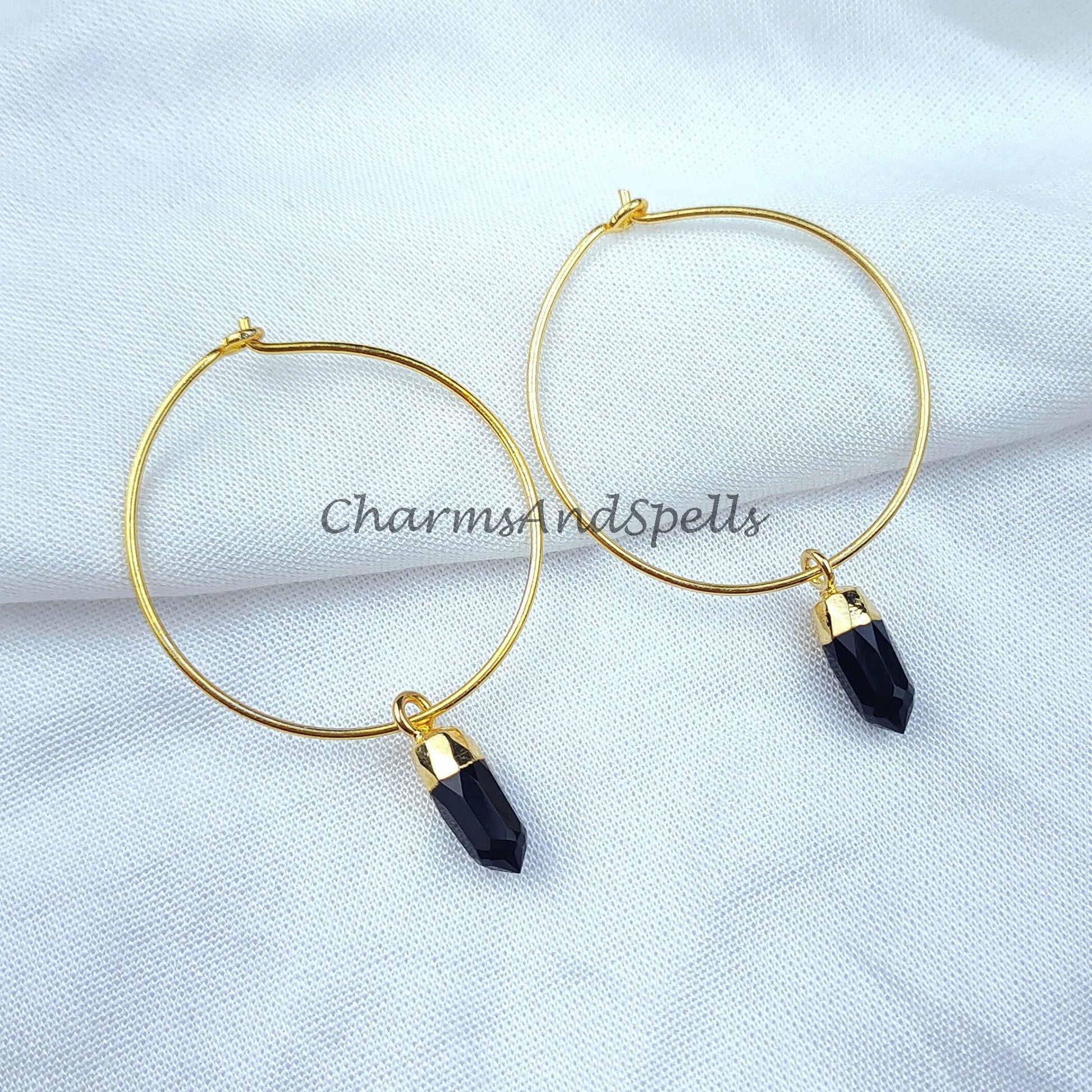 Black Onyx Earrings | Pencil Earring | Hoop Earring | Gold Electroplated Earring | Gemstone Earring | Brass Earring - Charms And Spells