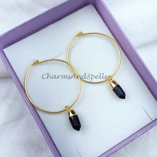 Black Onyx Earrings | Pencil Earring | Hoop Earring | Gold Electroplated Earring | Gemstone Earring | Brass Earring - Charms And Spells