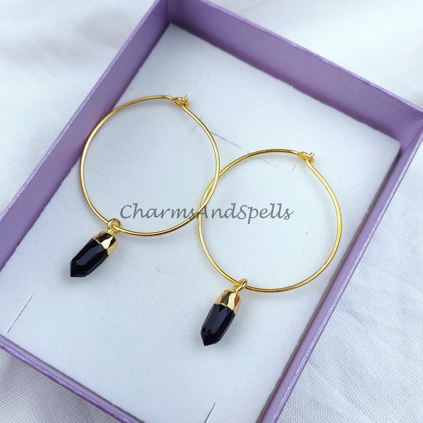 Black Onyx Earrings | Pencil Earring | Hoop Earring | Gold Electroplated Earring | Gemstone Earring | Brass Earring - Charms And Spells