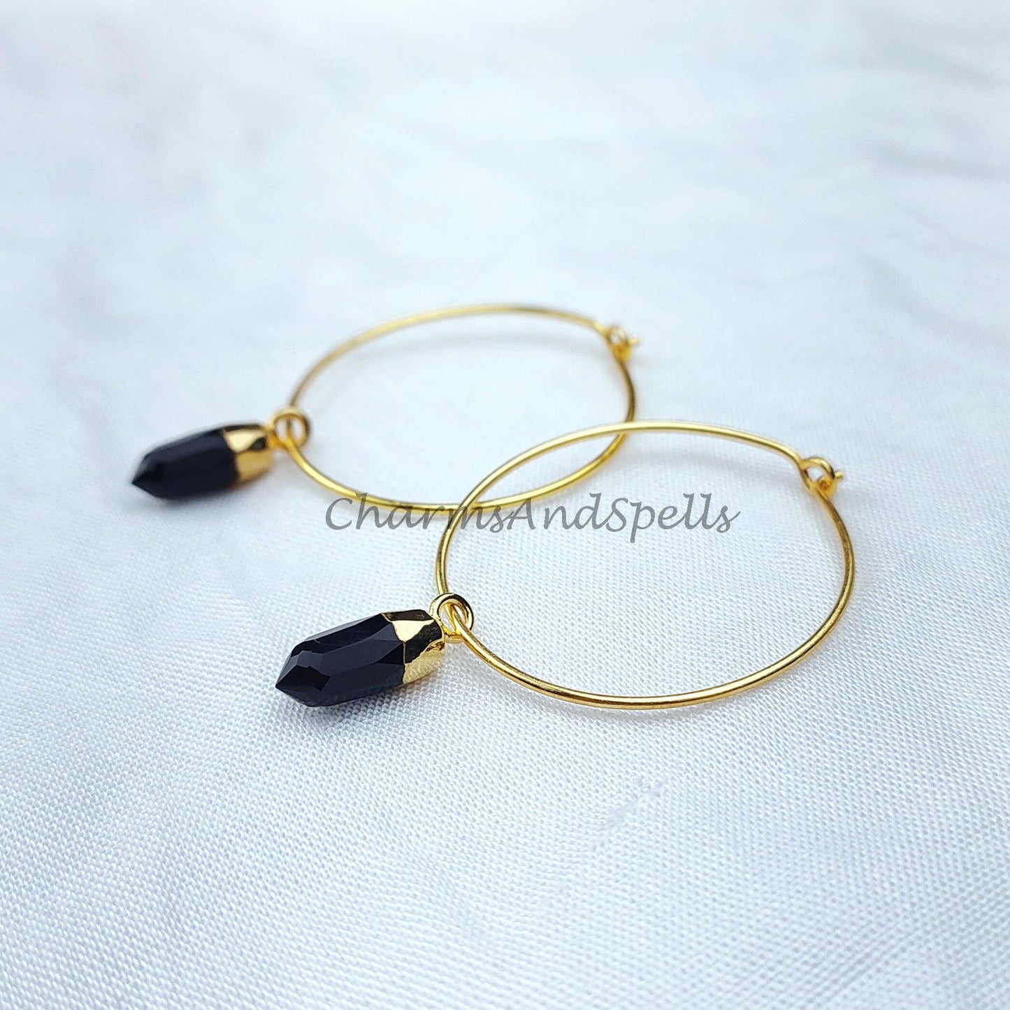 Black Onyx Earrings | Pencil Earring | Hoop Earring | Gold Electroplated Earring | Gemstone Earring | Brass Earring - Charms And Spells