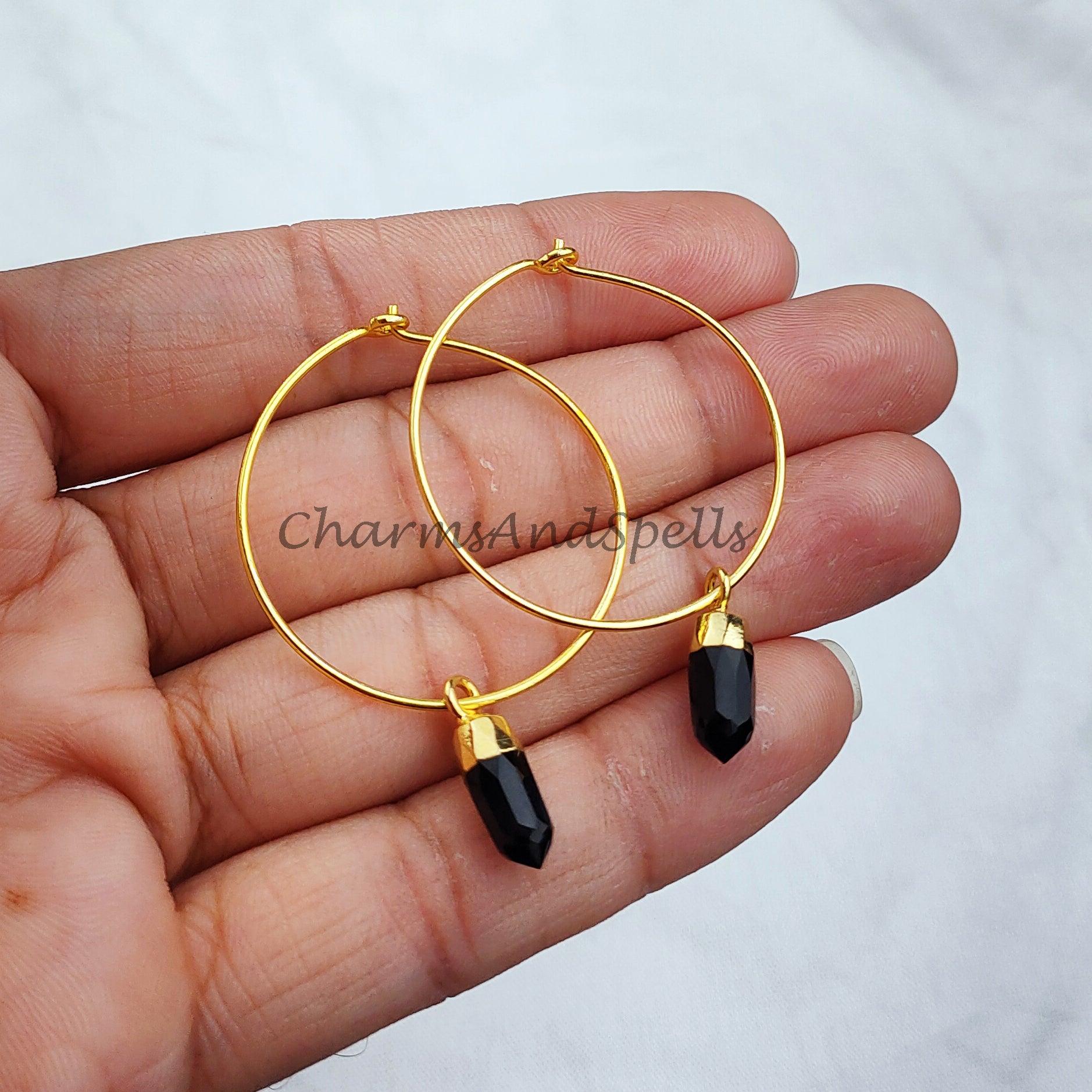 Black Onyx Earrings | Pencil Earring | Hoop Earring | Gold Electroplated Earring | Gemstone Earring | Brass Earring - Charms And Spells