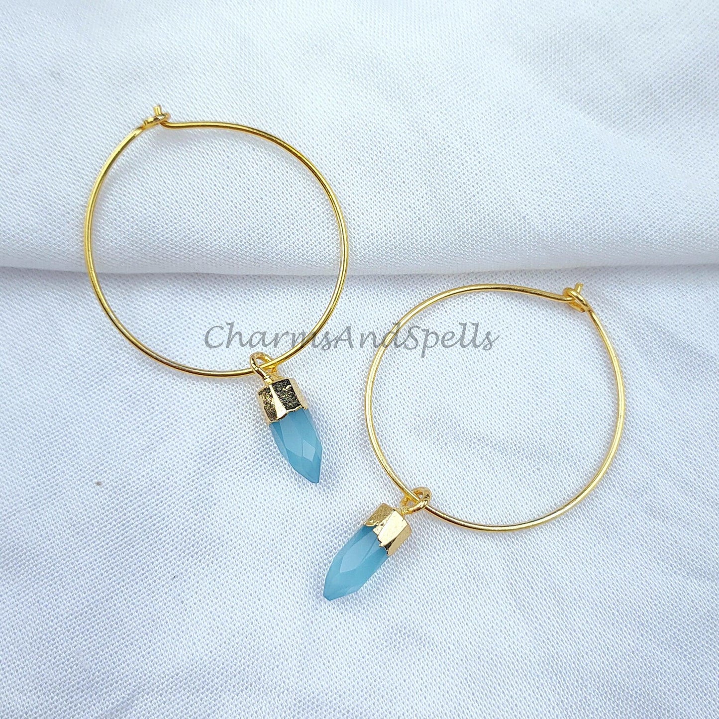 Blue Chalcedony Earrings, Tiny Gemstone Earrings, Hoop Earrings, Gold Plated Electroplated Earrings, Blue Gemstone Earrings - Charms And Spells