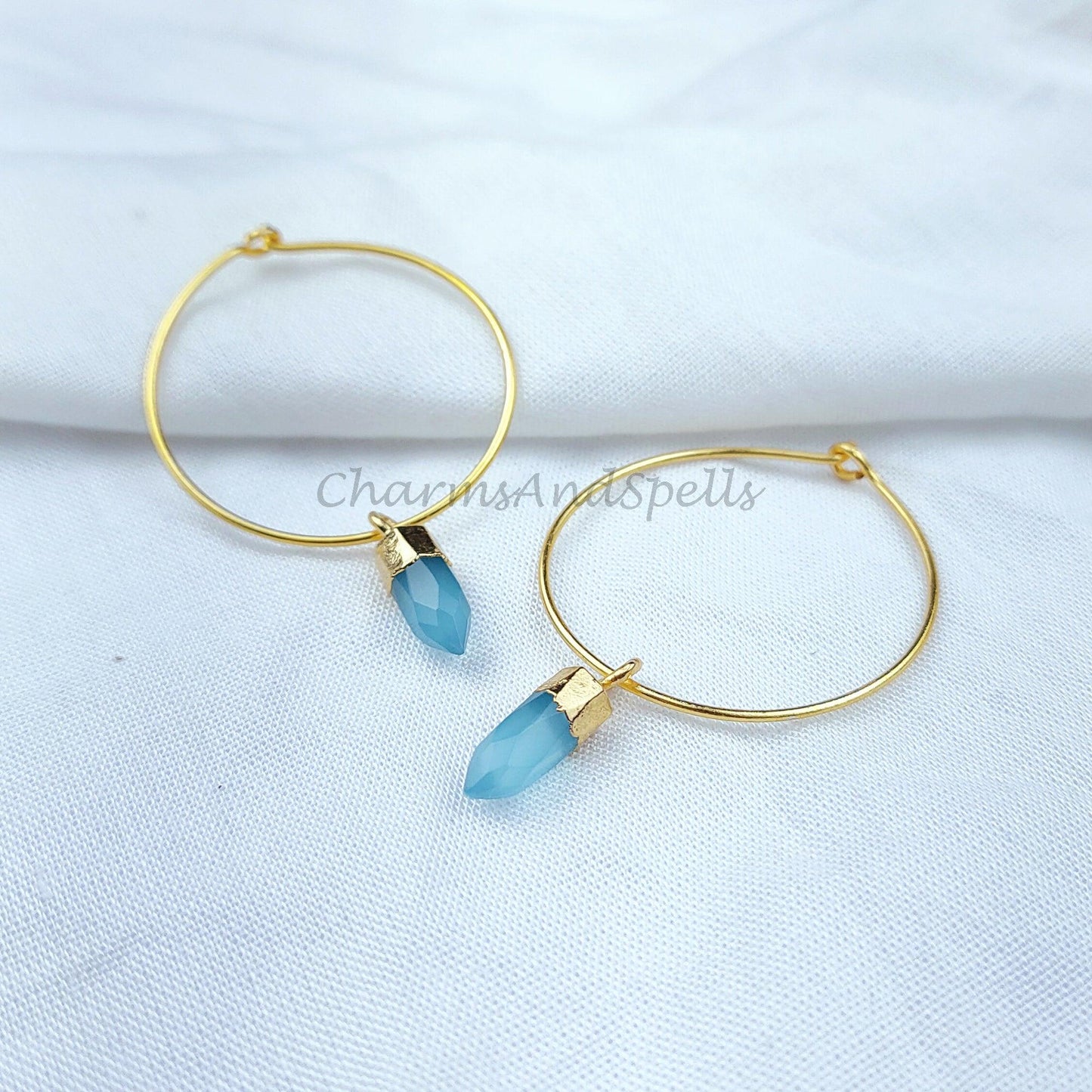 Blue Chalcedony Earrings, Tiny Gemstone Earrings, Hoop Earrings, Gold Plated Electroplated Earrings, Blue Gemstone Earrings - Charms And Spells