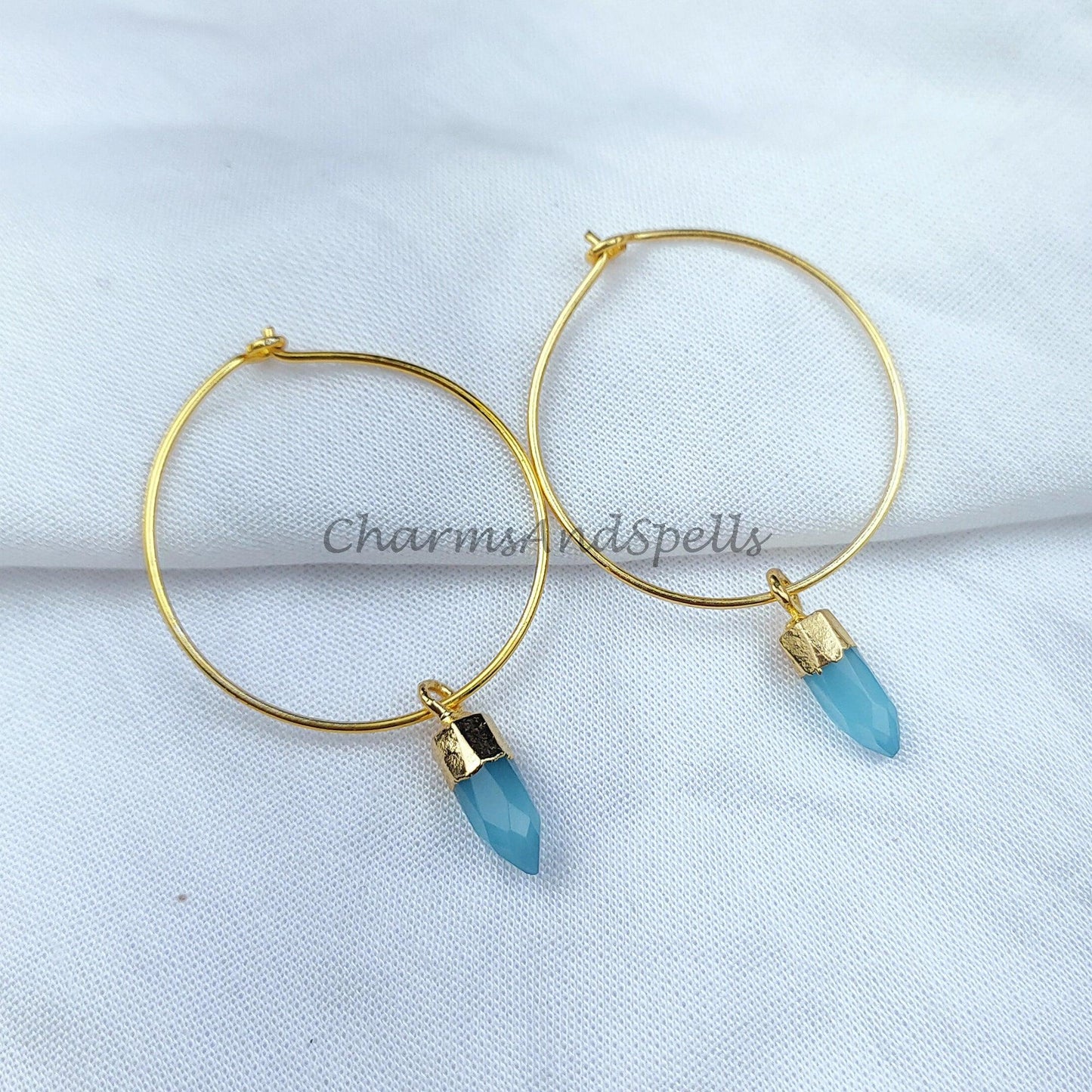 Blue Chalcedony Earrings, Tiny Gemstone Earrings, Hoop Earrings, Gold Plated Electroplated Earrings, Blue Gemstone Earrings - Charms And Spells