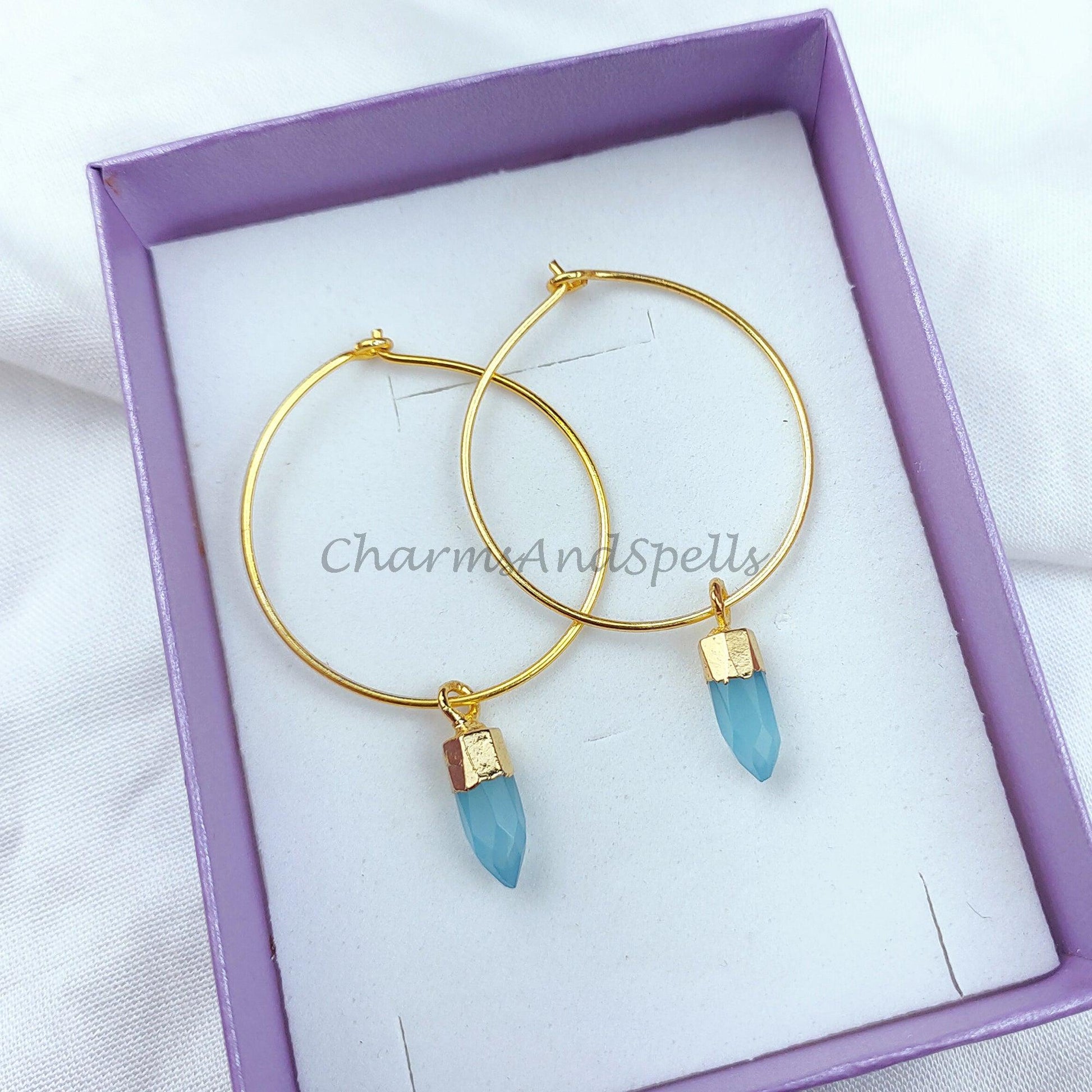 Blue Chalcedony Earrings, Tiny Gemstone Earrings, Hoop Earrings, Gold Plated Electroplated Earrings, Blue Gemstone Earrings - Charms And Spells