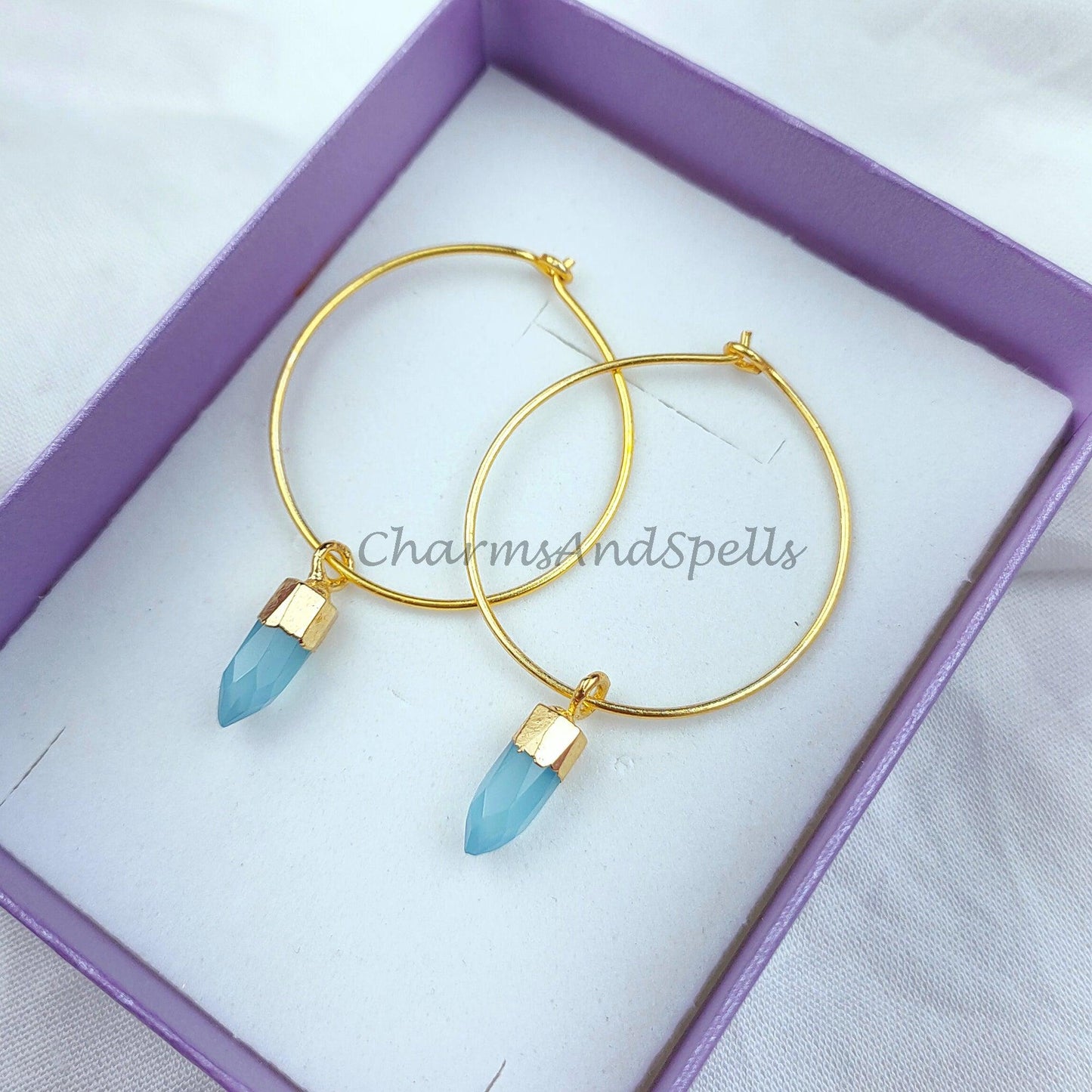 Blue Chalcedony Earrings, Tiny Gemstone Earrings, Hoop Earrings, Gold Plated Electroplated Earrings, Blue Gemstone Earrings - Charms And Spells