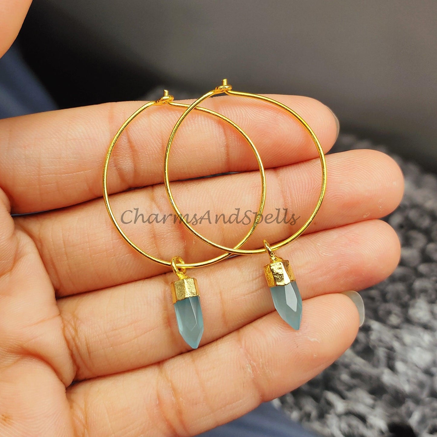 Blue Chalcedony Earrings, Tiny Gemstone Earrings, Hoop Earrings, Gold Plated Electroplated Earrings, Blue Gemstone Earrings - Charms And Spells