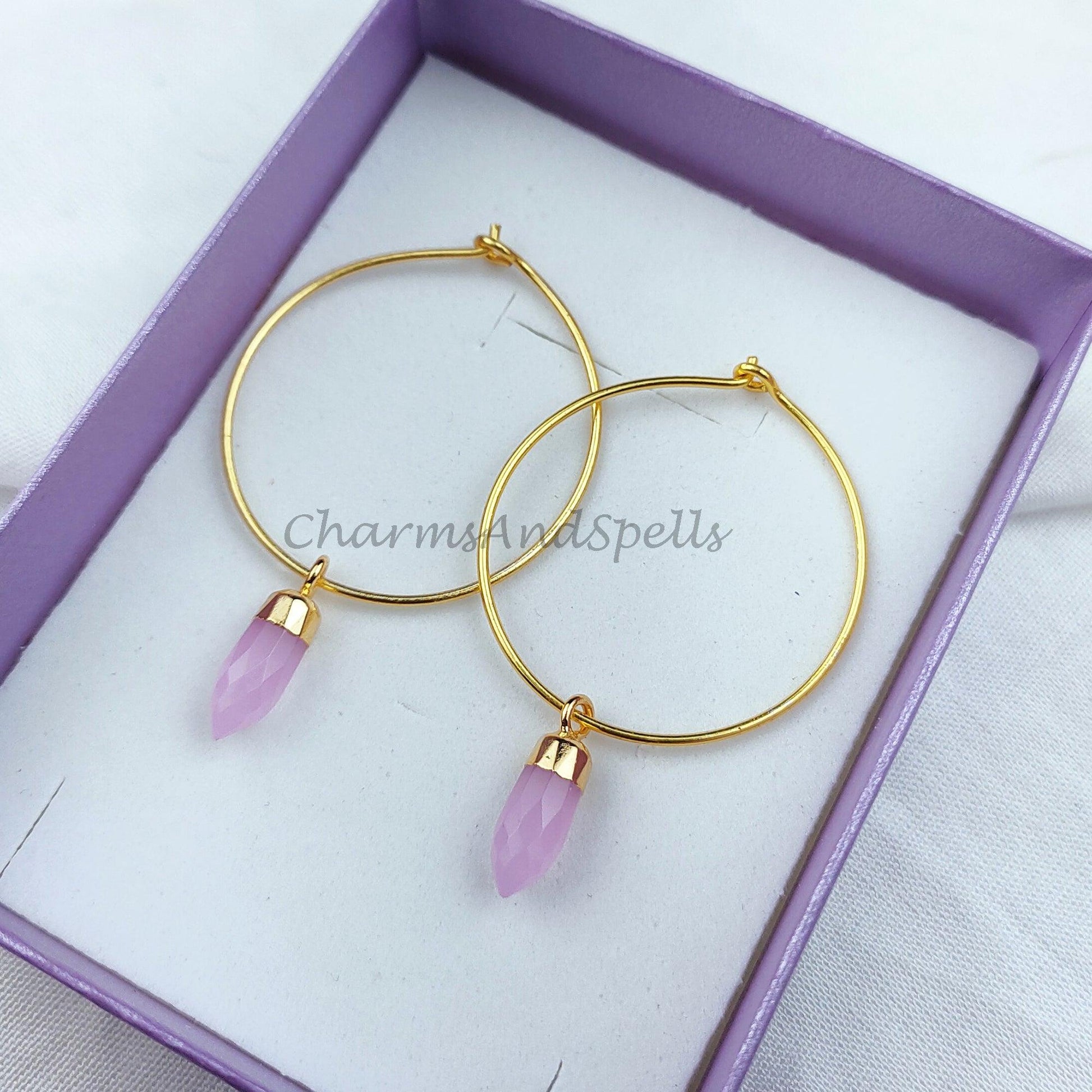 Pink Chalcedony Point Crystal Earrings - Pencil Electroplated Jewelry - Handmade Jewelry - Pink Bridesmaid Gift - Charms And Spells