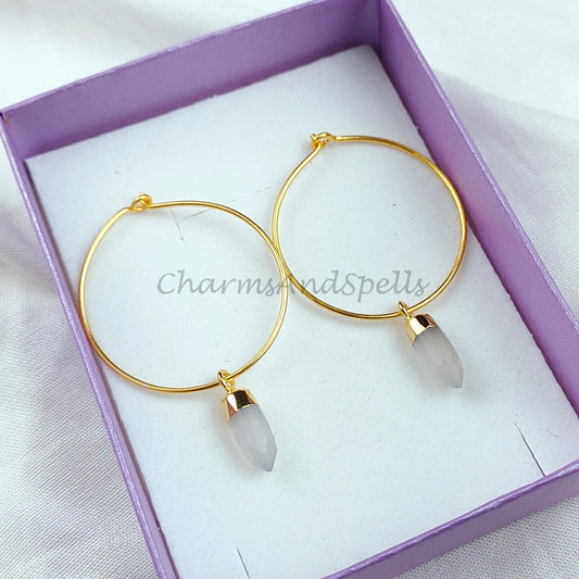 Moonstone Pencil Earring, Gemstone Earring, Hoop Earring, Gold Electroplated Earring, Pencil Earring - Charms And Spells