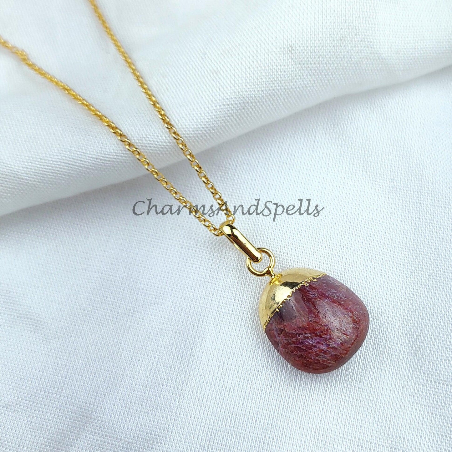 Ruby Necklace For Women, Handmade Tumble Pendant, Electroplated Ruby Pendant, July Birthstone Necklace - Charms And Spells