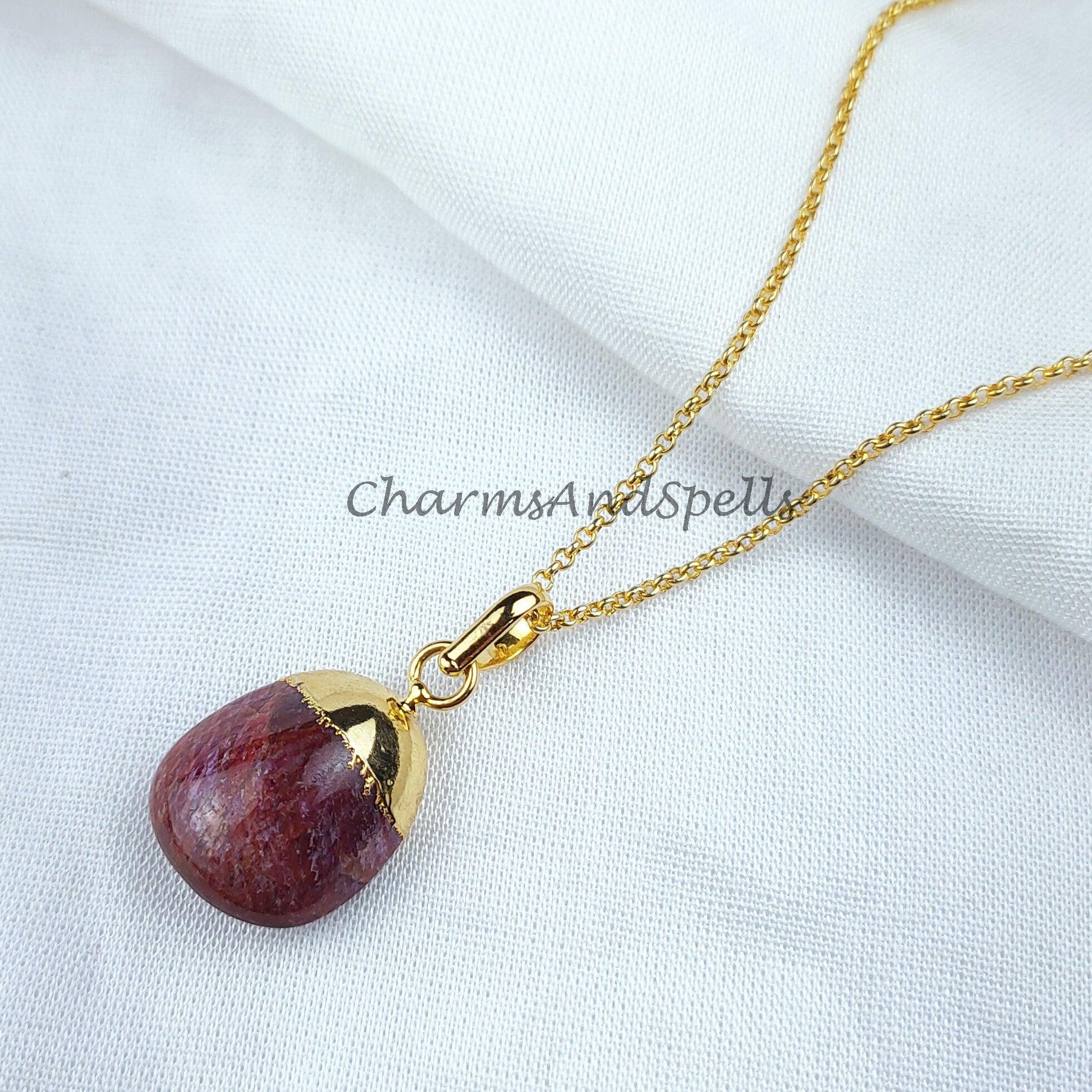 Ruby Necklace For Women, Handmade Tumble Pendant, Electroplated Ruby Pendant, July Birthstone Necklace - Charms And Spells