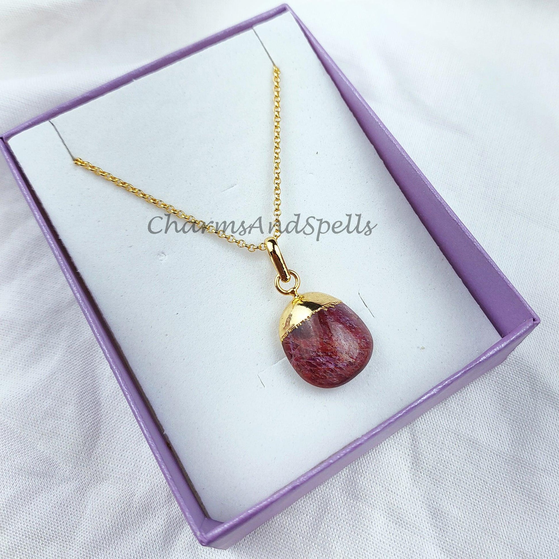 Ruby Necklace For Women, Handmade Tumble Pendant, Electroplated Ruby Pendant, July Birthstone Necklace - Charms And Spells