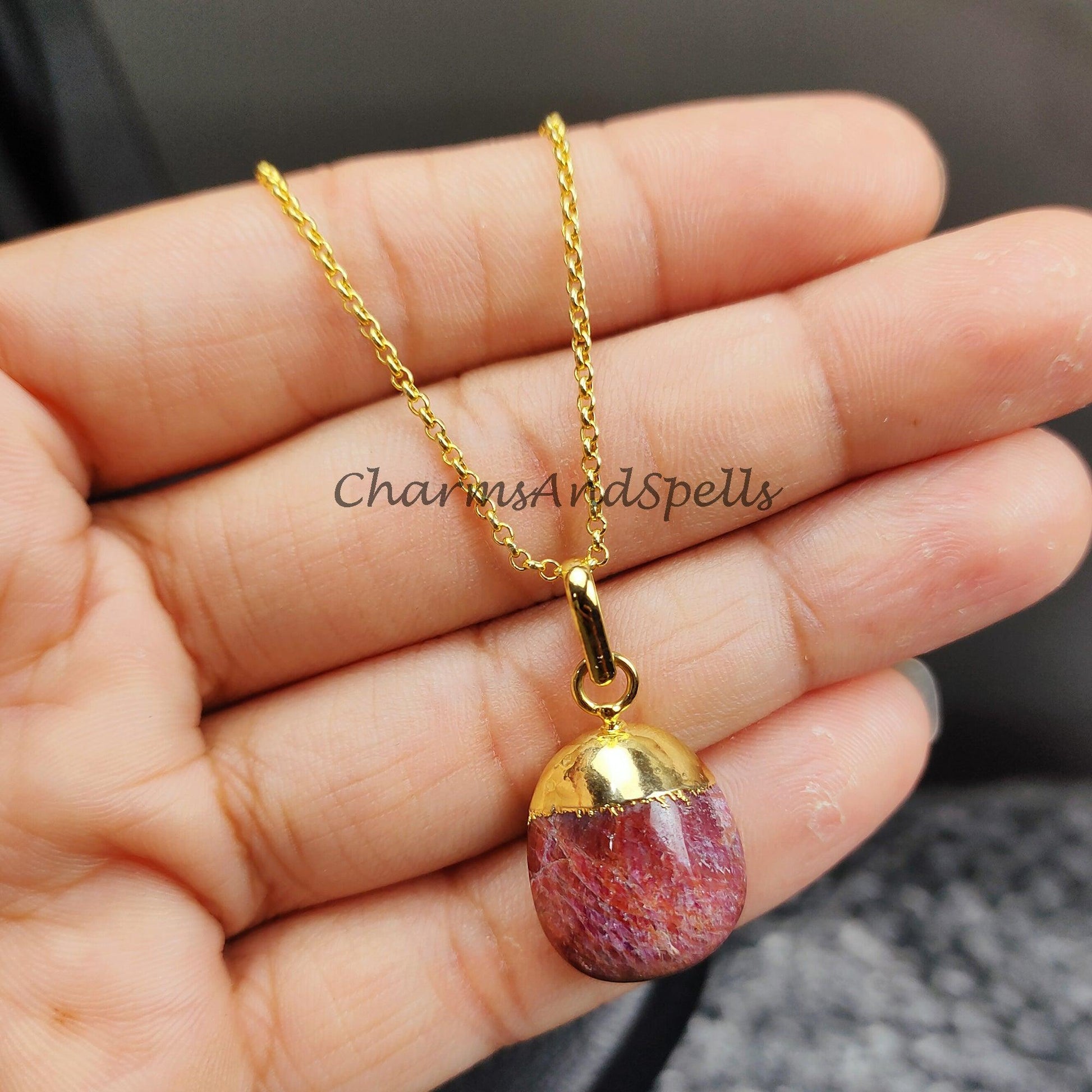 Ruby Necklace For Women, Handmade Tumble Pendant, Electroplated Ruby Pendant, July Birthstone Necklace - Charms And Spells