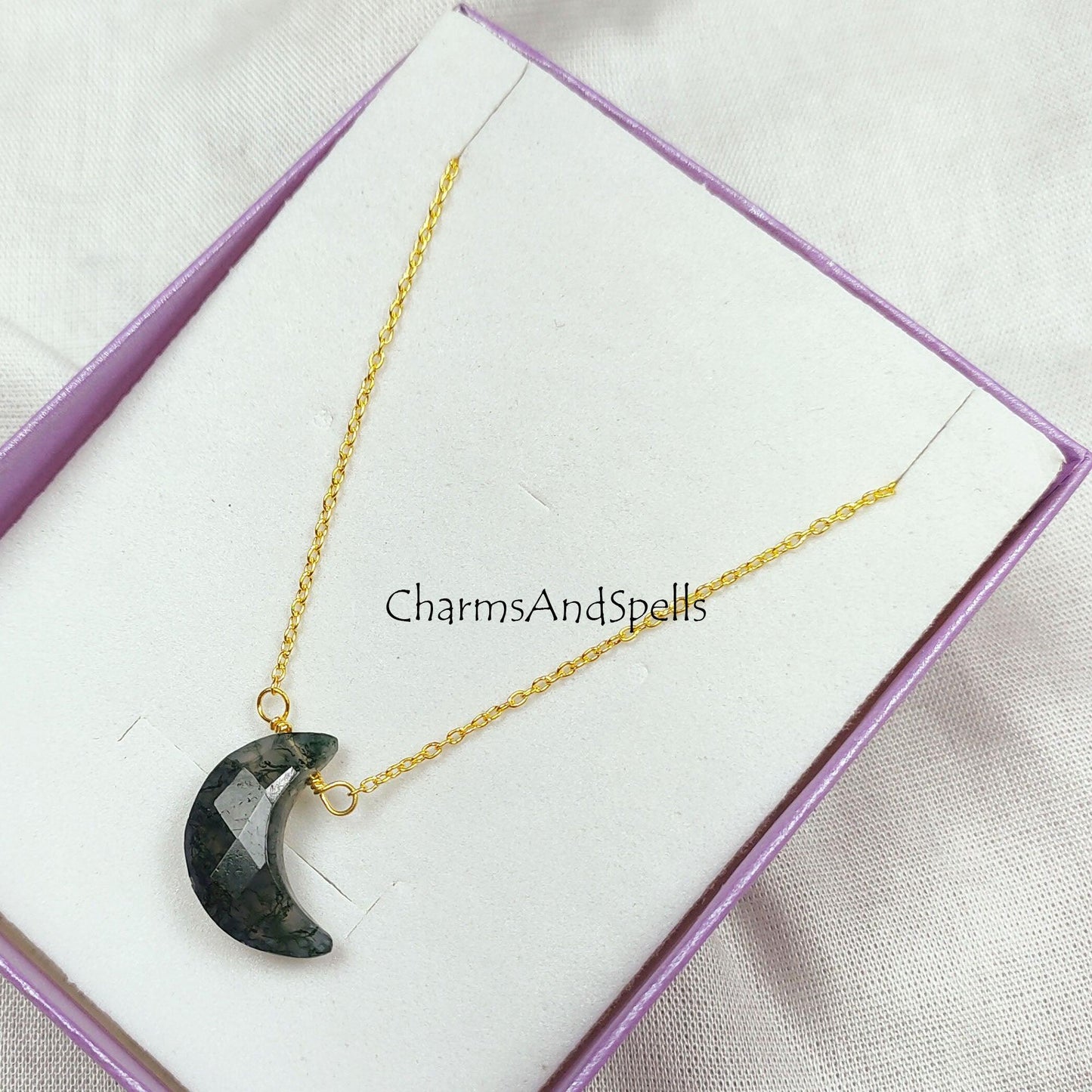 moss agate crescent moon pendant, moss agate moon necklace, natural moss agate moon, moss agate crystal necklace, wire wrap necklace - Charms And Spells