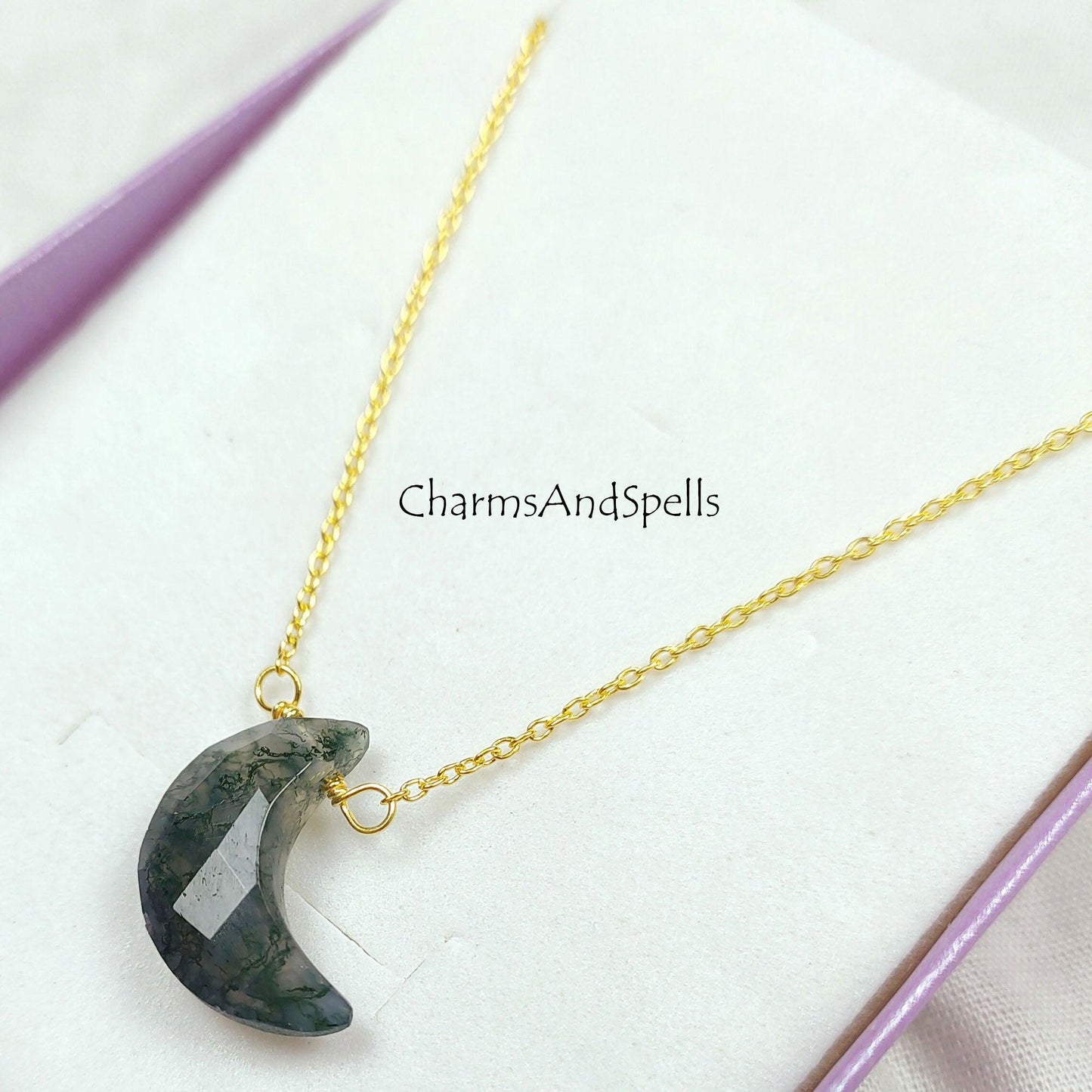 moss agate crescent moon pendant, moss agate moon necklace, natural moss agate moon, moss agate crystal necklace, wire wrap necklace - Charms And Spells