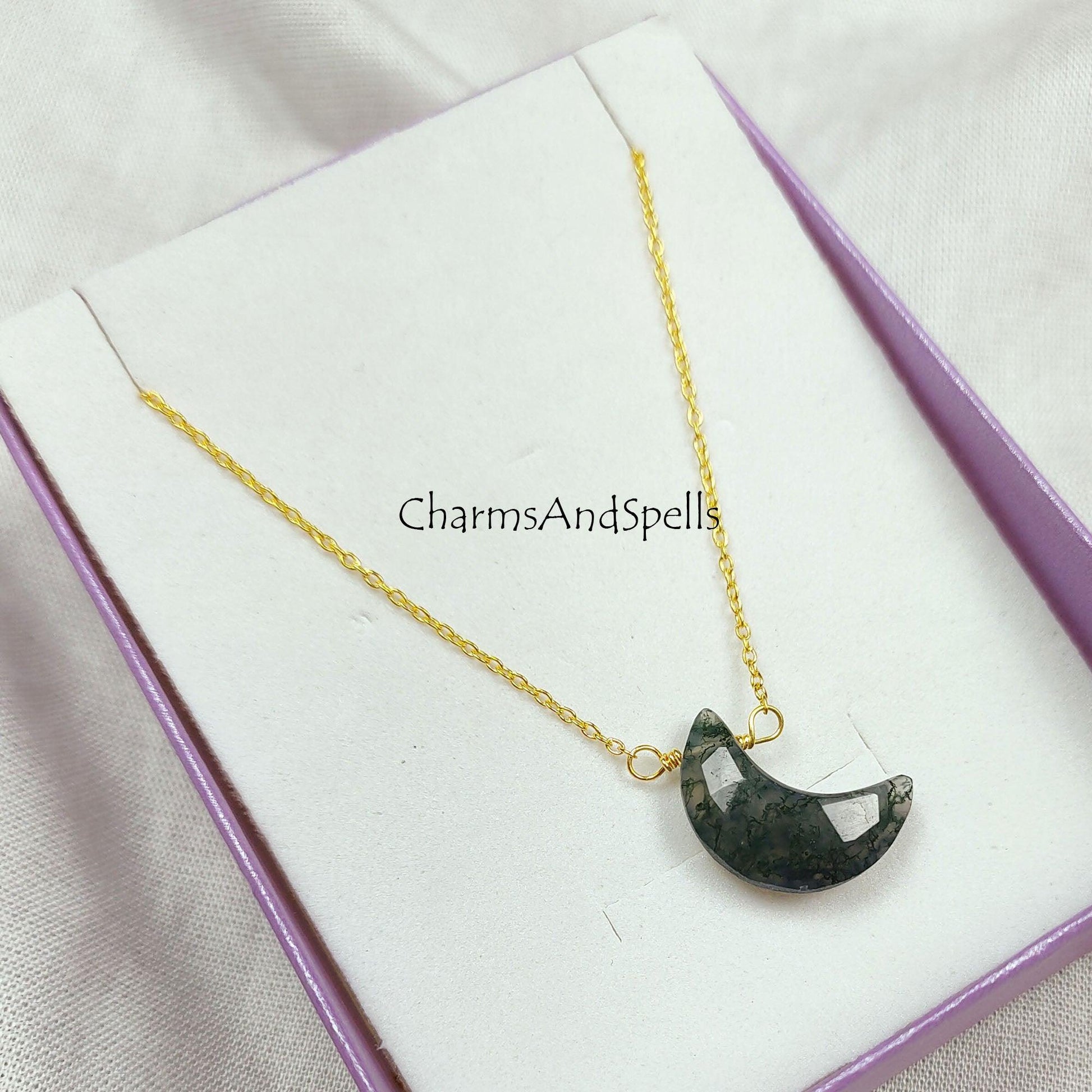 moss agate crescent moon pendant, moss agate moon necklace, natural moss agate moon, moss agate crystal necklace, wire wrap necklace - Charms And Spells